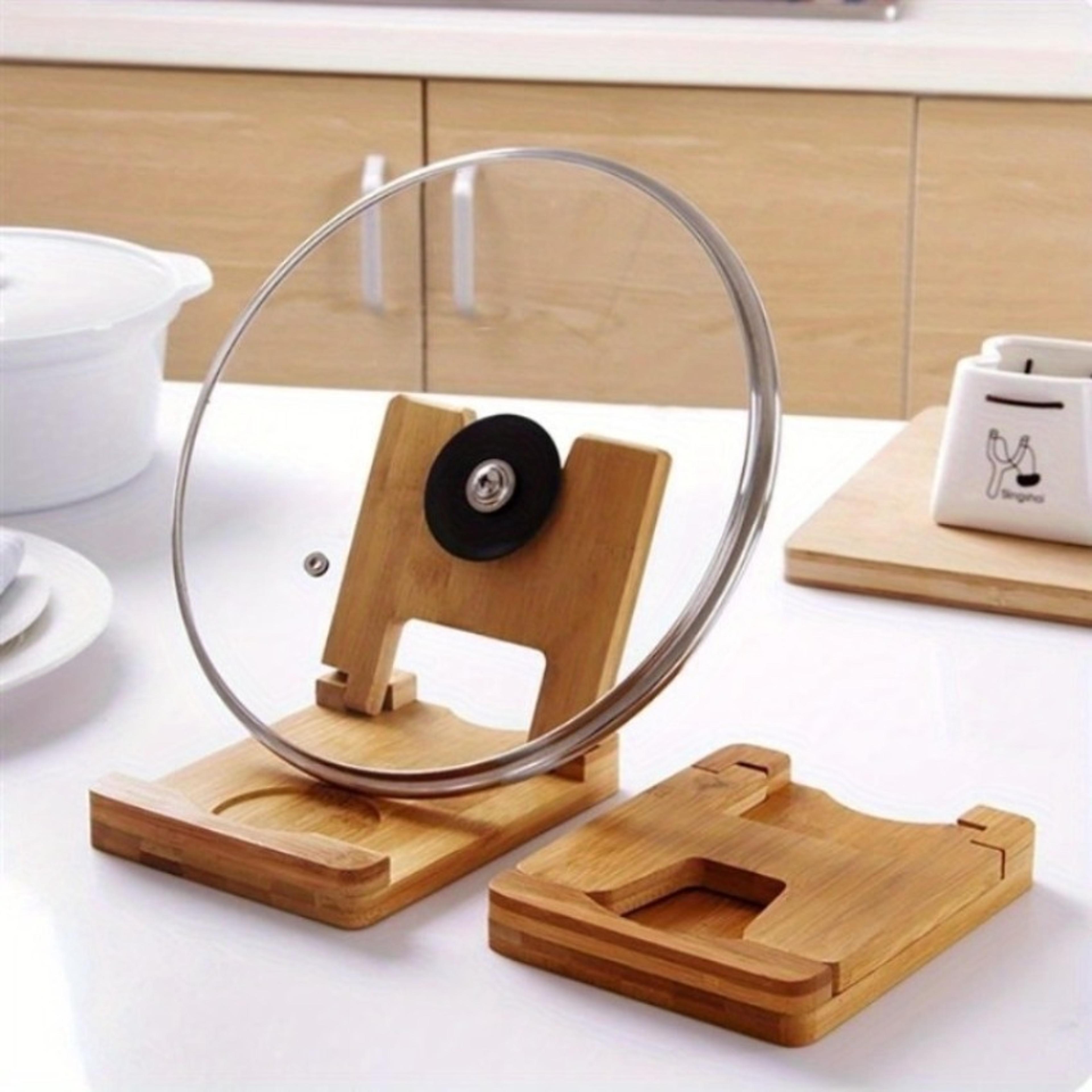 eco-friendly bamboo lid holder for kitchen storage, multifunctional pot & lid organizer