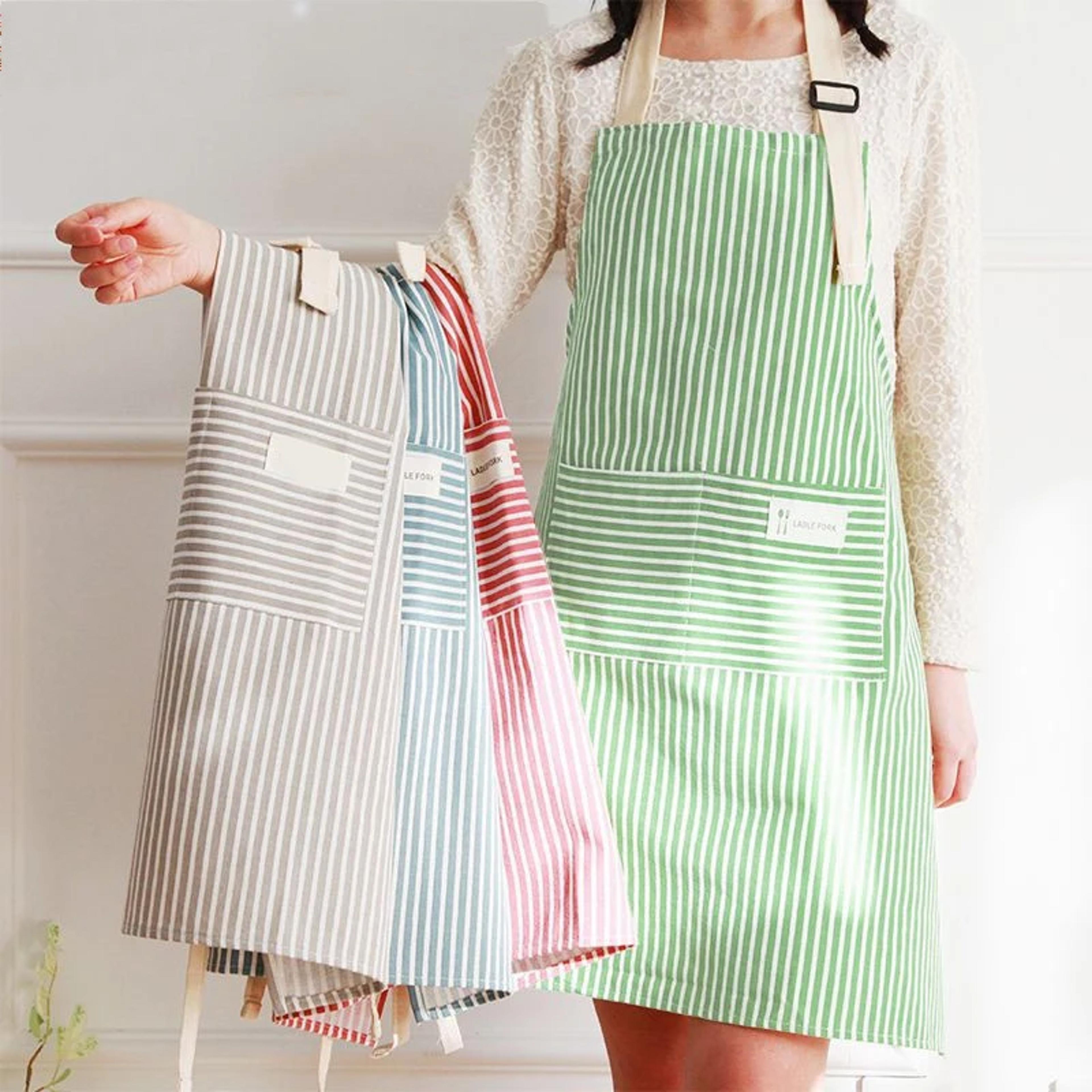 cotton linen striped apron for kitchen, stain & oil resistant coffee apron with cotton waistband