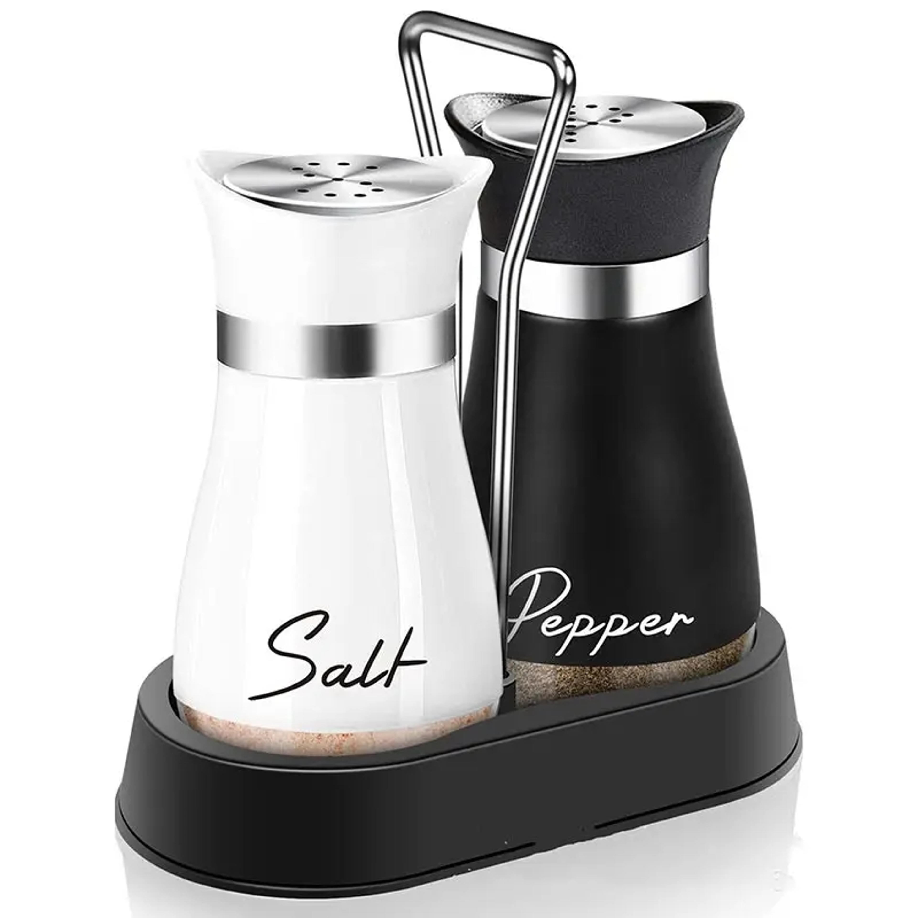 adjustable salt & pepper shakers set, refillable glass spice bottles with shelf organizer, includes pour holes