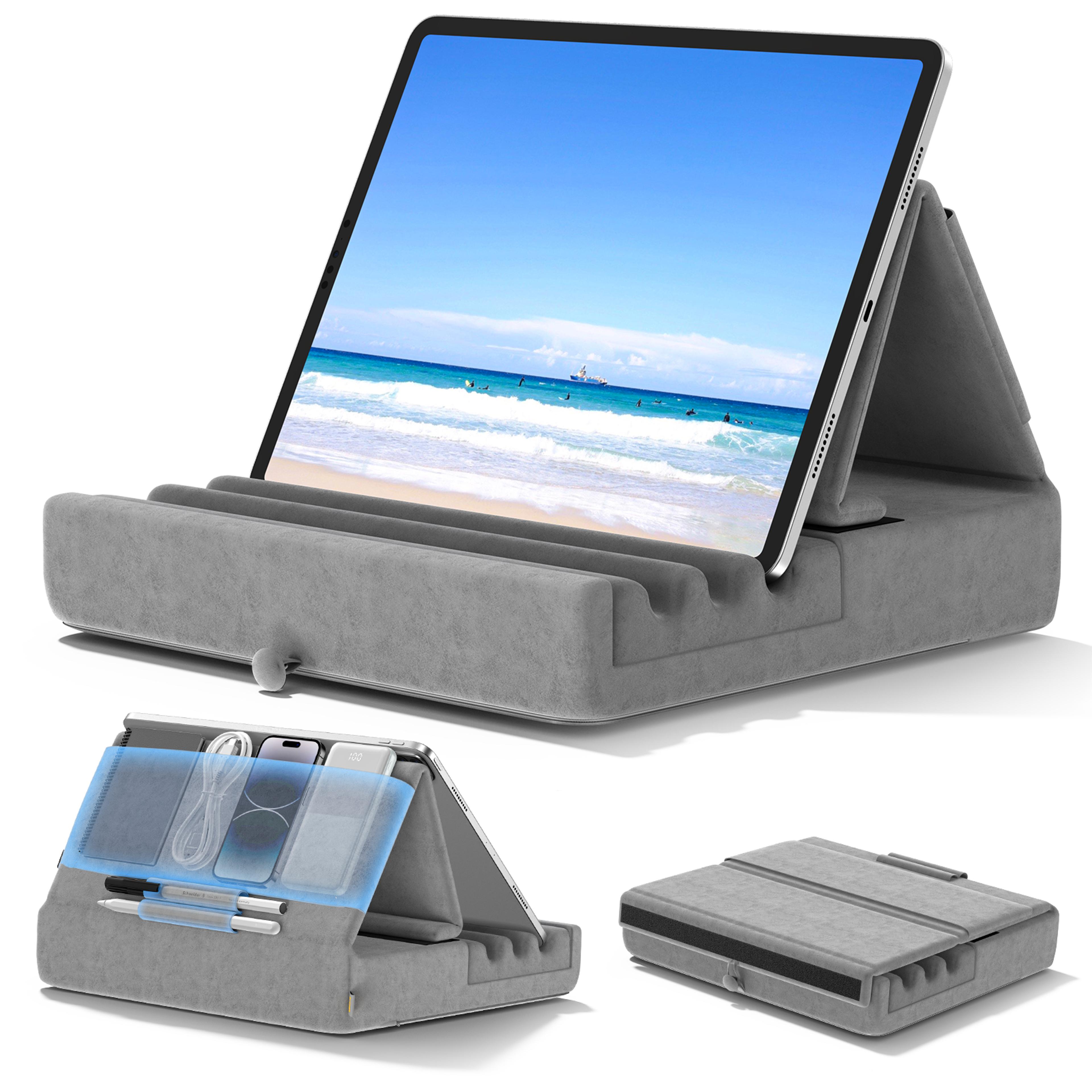 foldable tablet pillow holder stand for ipad pro, soft pad dock with pocket & stylus mount, ideal for lap, bed