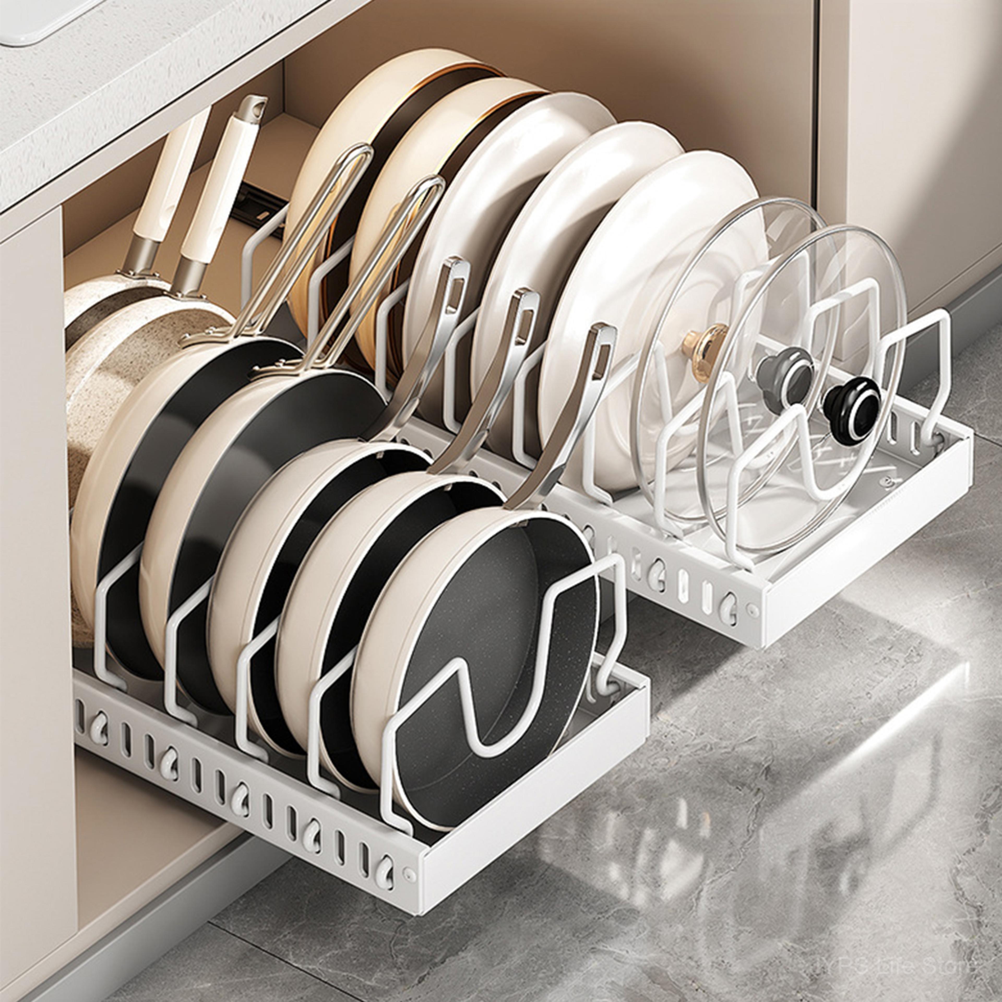 sliding drawer kitchen pot & pan organizer, under cabinet storage for pots, pans, and lids