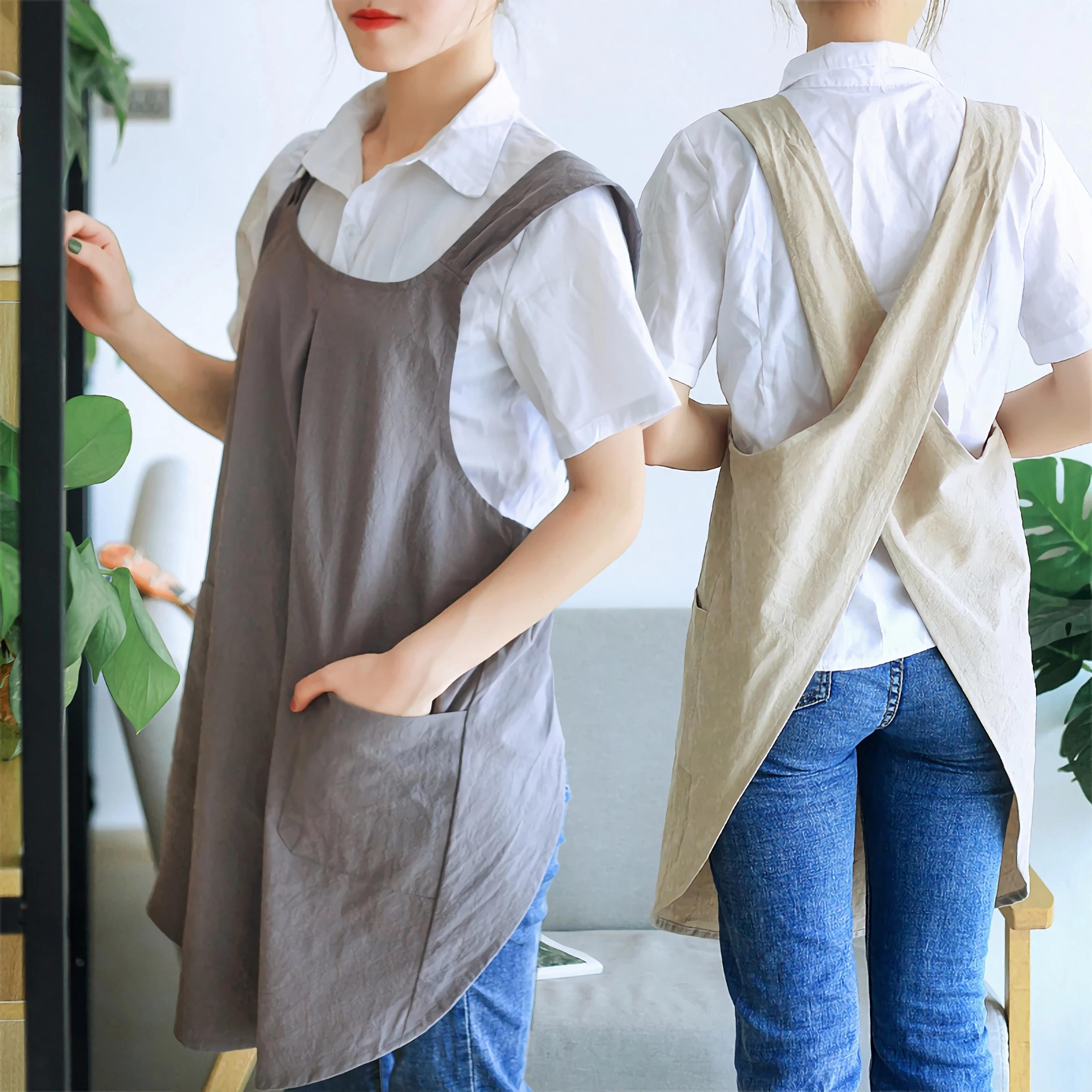women cotton linen cross back apron, versatile japanese-style housework, gardening, & baking wrap for comfort & style