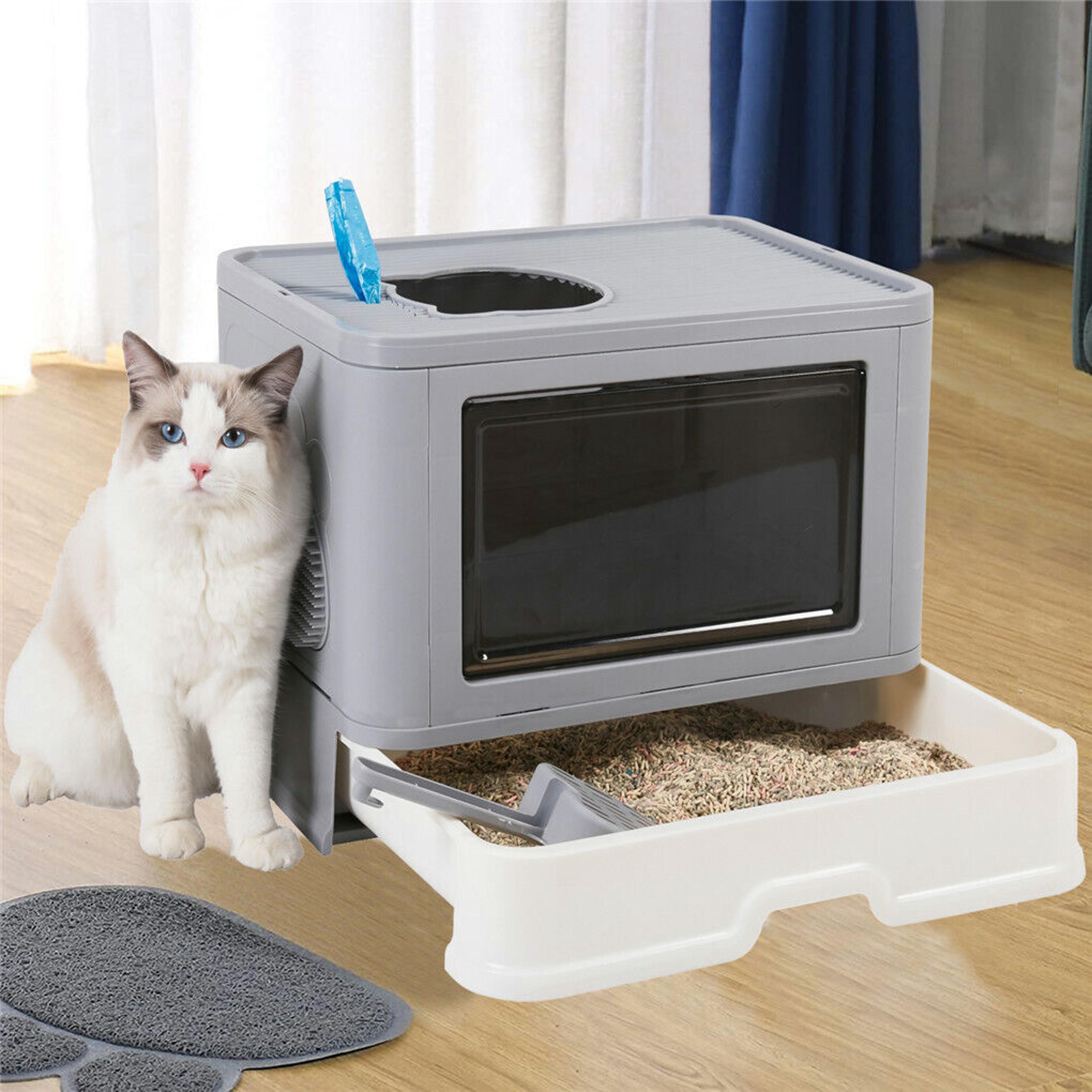 foldable cat litter box with front entry & top exit, enclosed kitty toilet with massager scoop for easy clean-up