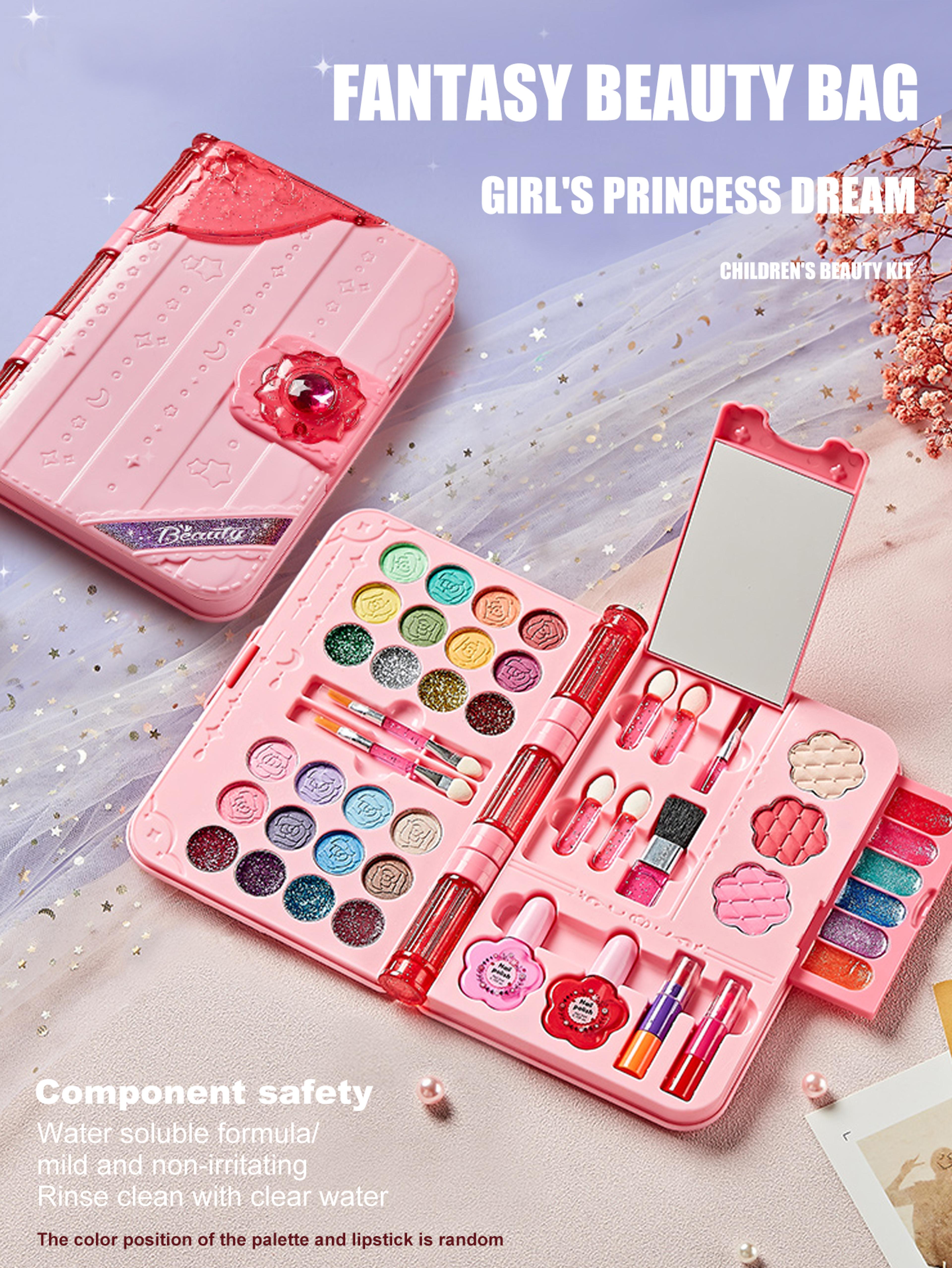 kids makeup kit for girls, washable beauty dress up set with mirror
