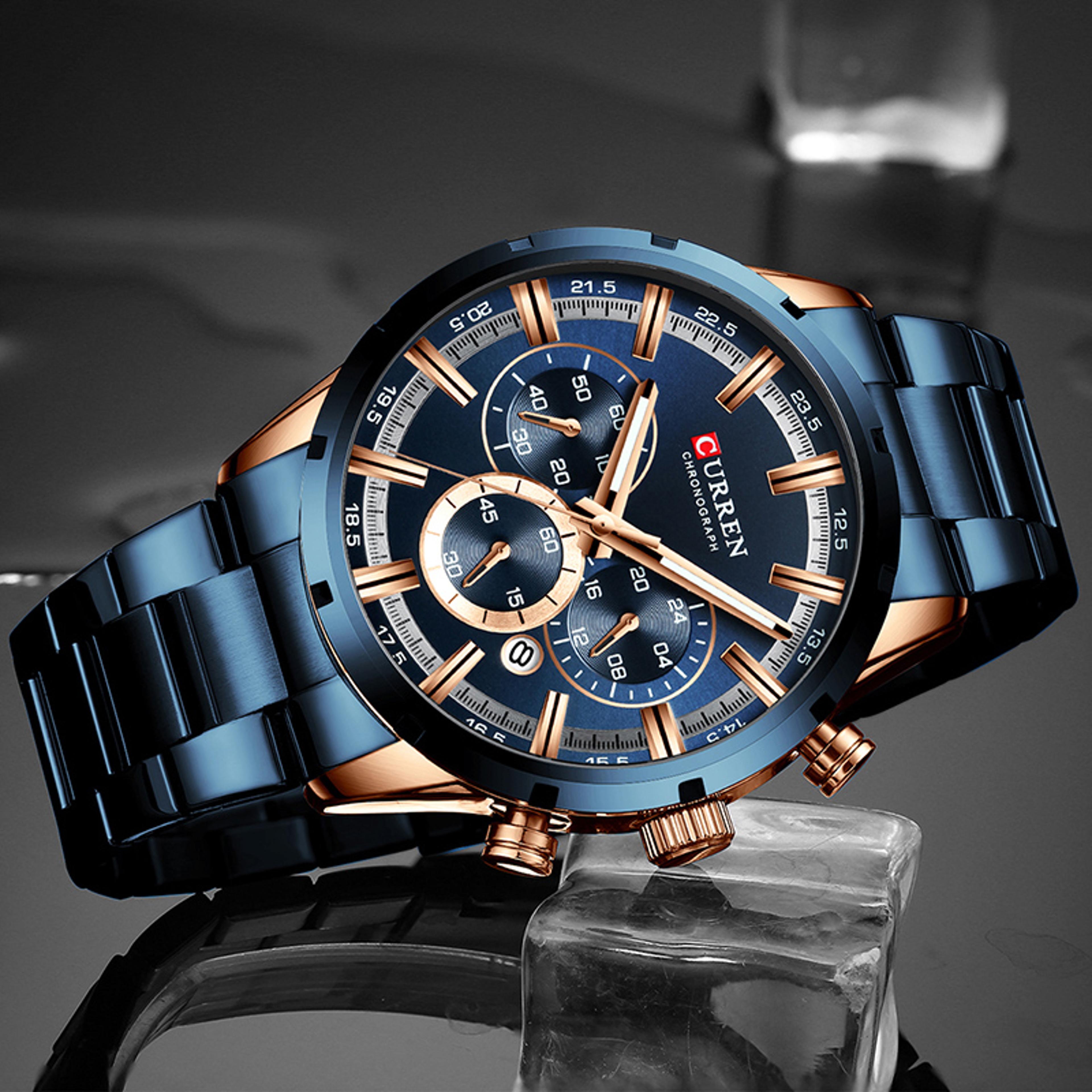 luxury men's waterproof chronograph watch, full steel quartz sports wristwatch