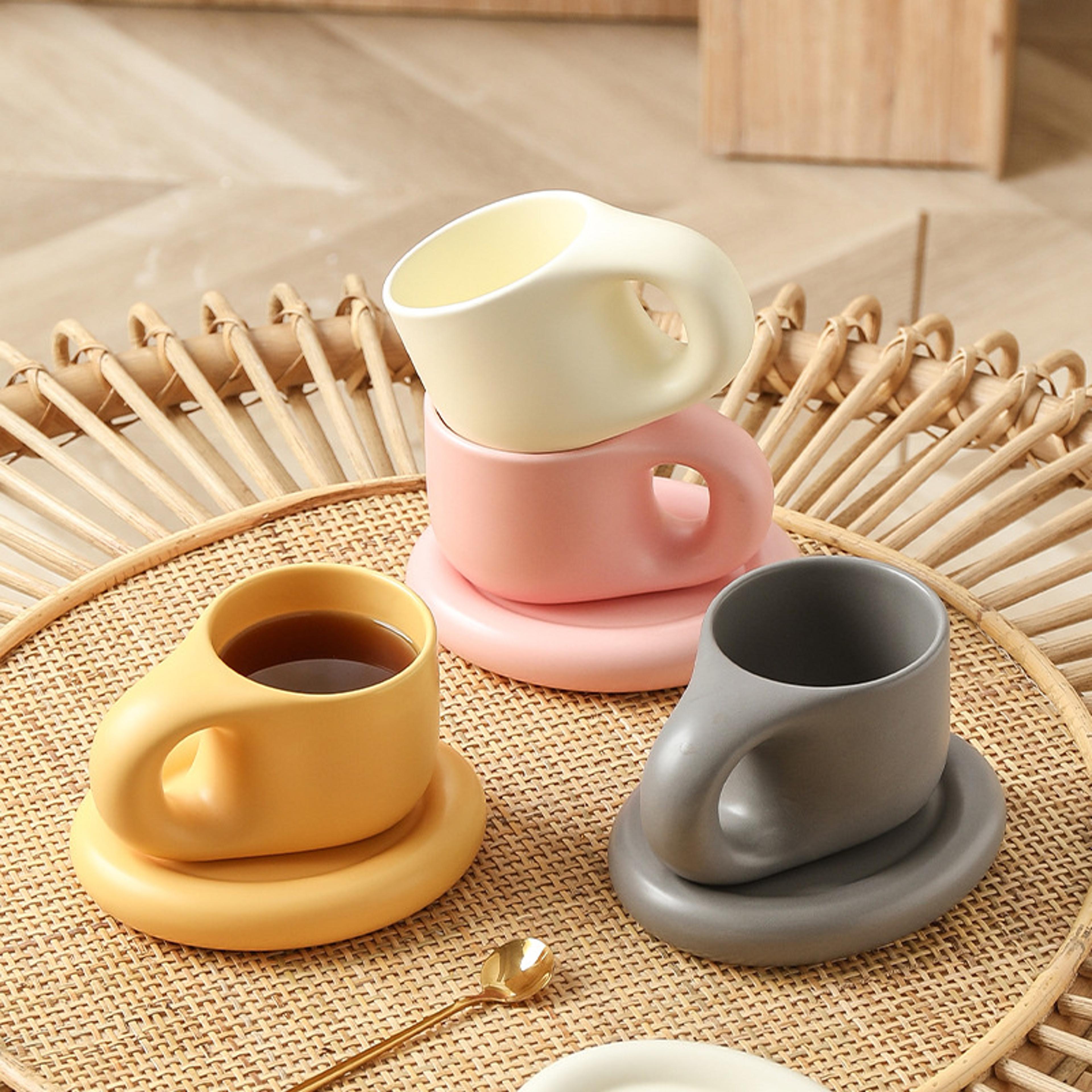 handmade chubby mug with saucer, creative nordic ceramic cup for coffee, tea, milk & cake, personalized oval plate