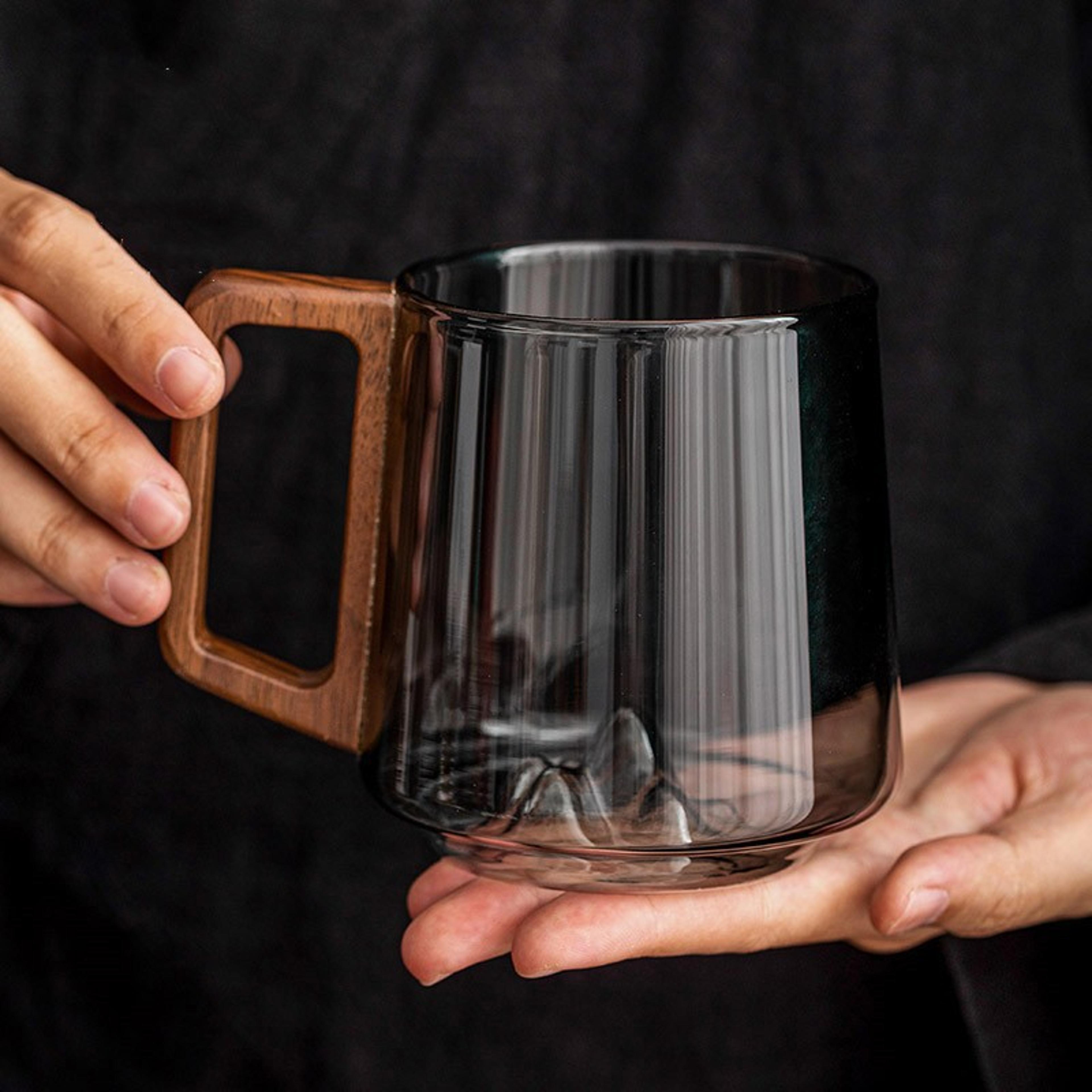 glass drinking cup with wooden handle, large-capacity milk tea & juice cup