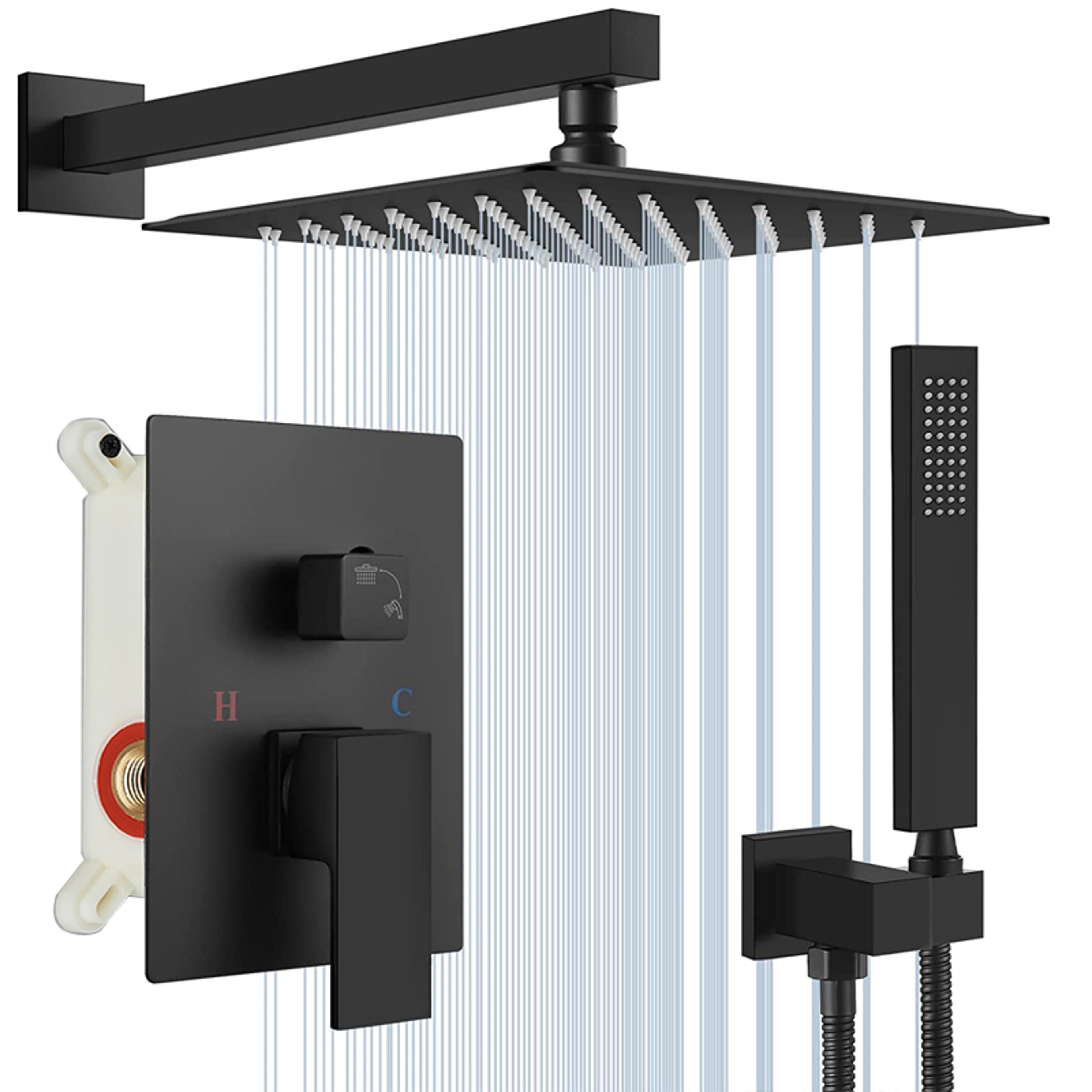 black concealed shower system with rain waterfall and tub spout