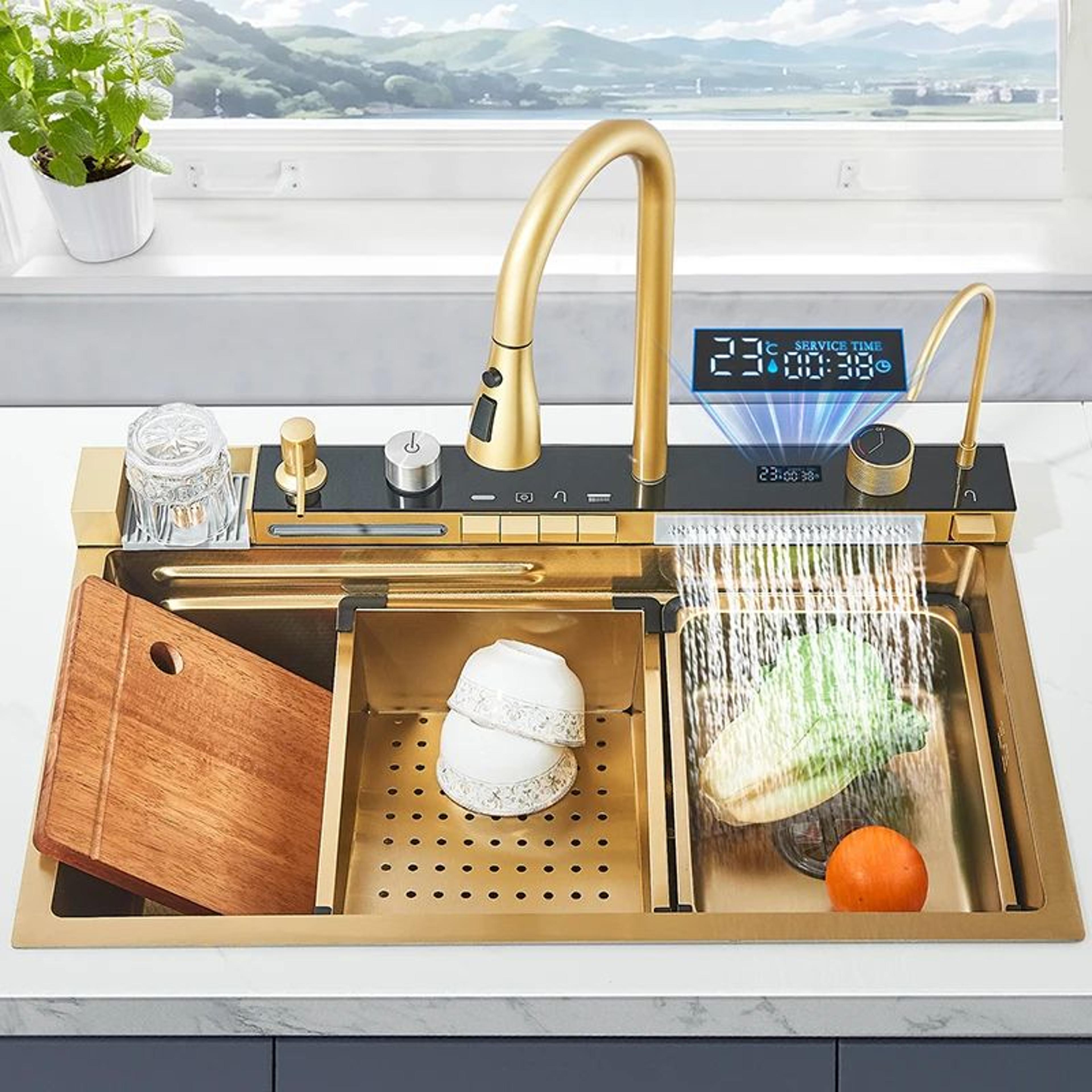 white nano stainless steel kitchen sink faucet set with double waterfall and digital display