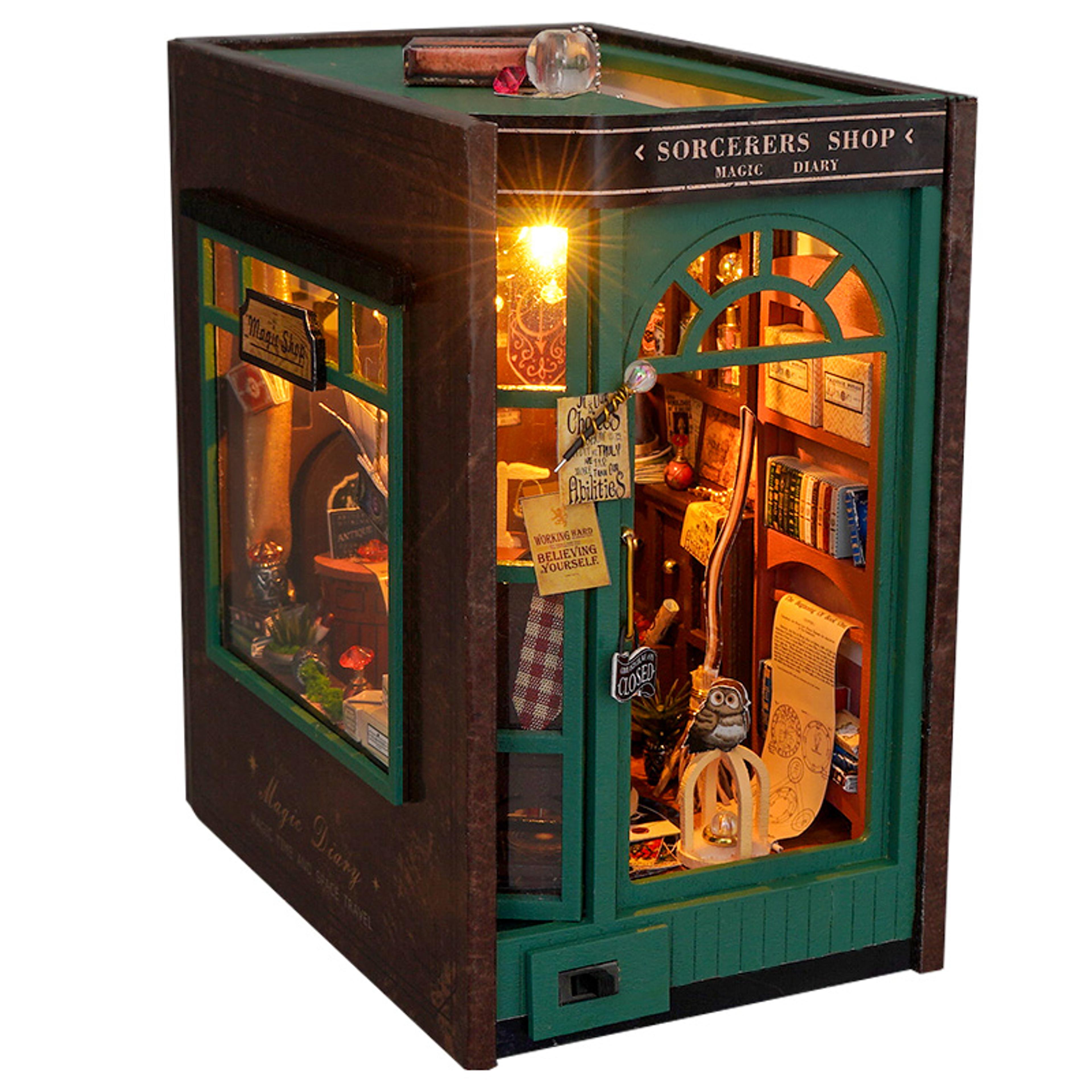 diy wooden miniature sorcerer's shop book nook kit, magical bookshelf home decor gift