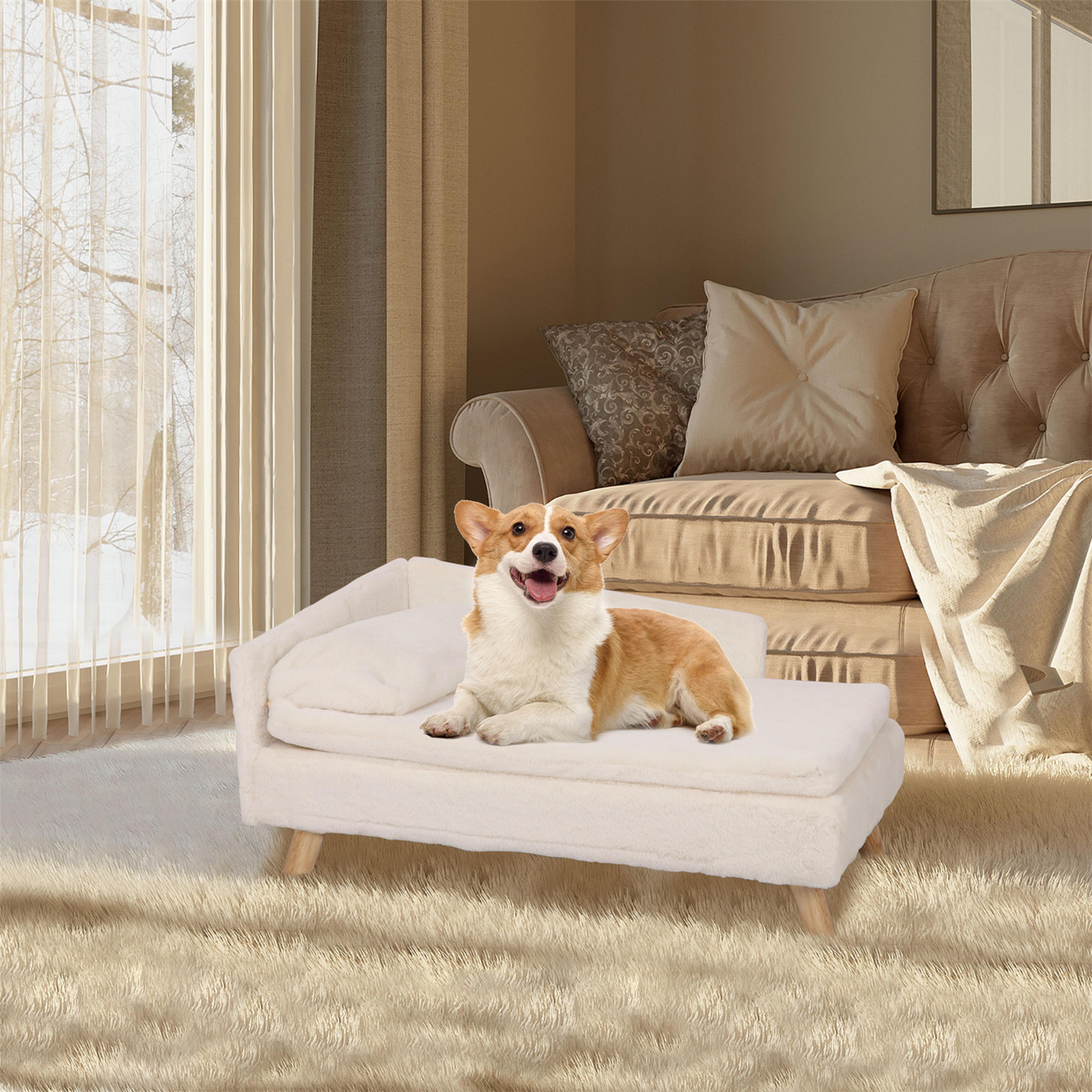 elevated pet bed, nordic pet stool bed with cozy pad waterproof, pet sofa bed with sturdy wood legs for small dog