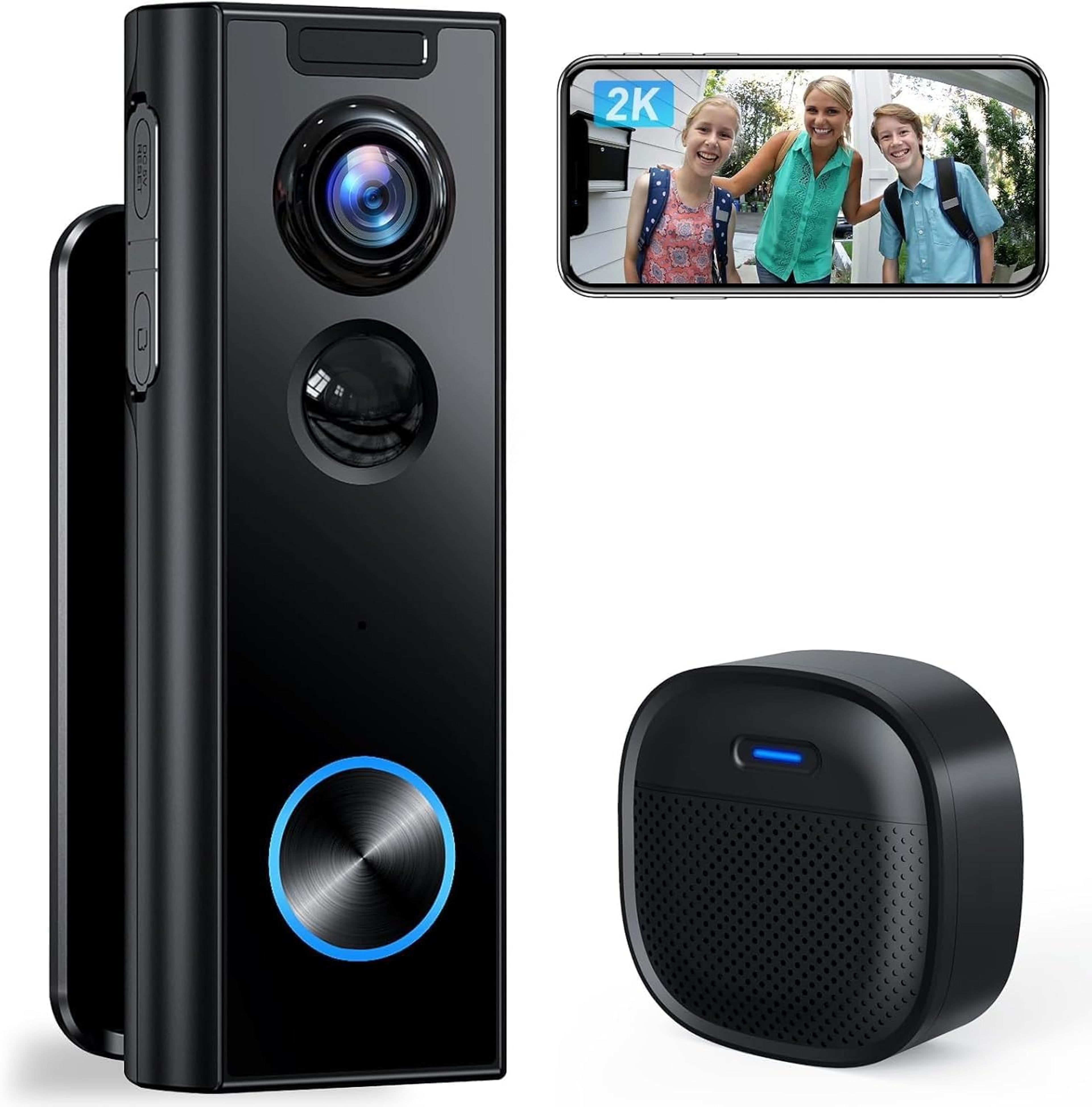 wireless 2k video doorbell with chime, 2-way audio, human detection, night vision, works with alexa & google assistant