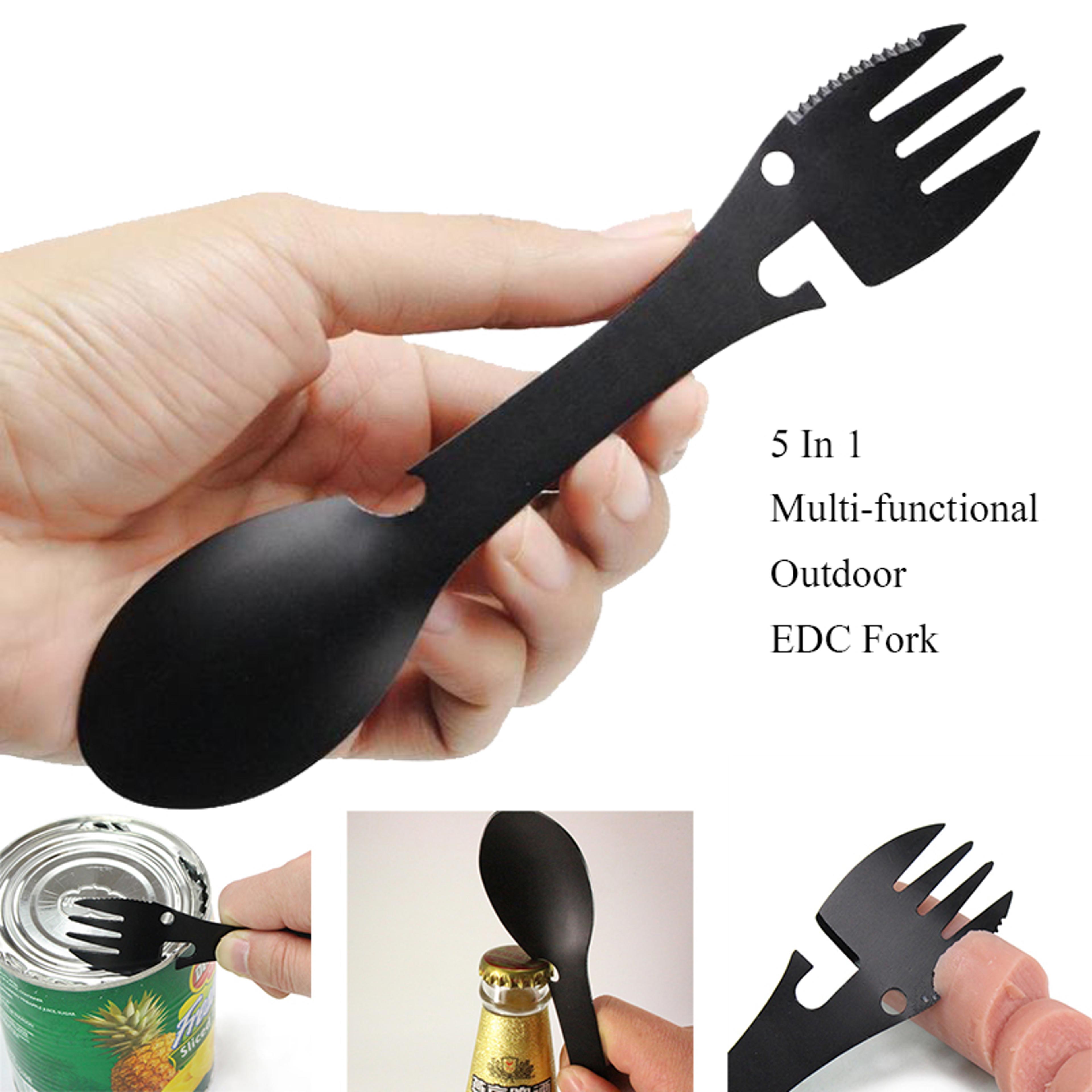 outdoor survival tools 5 in 1 camping multi-functional edc kit, fork, knife, spoon, bottle opener, can opener