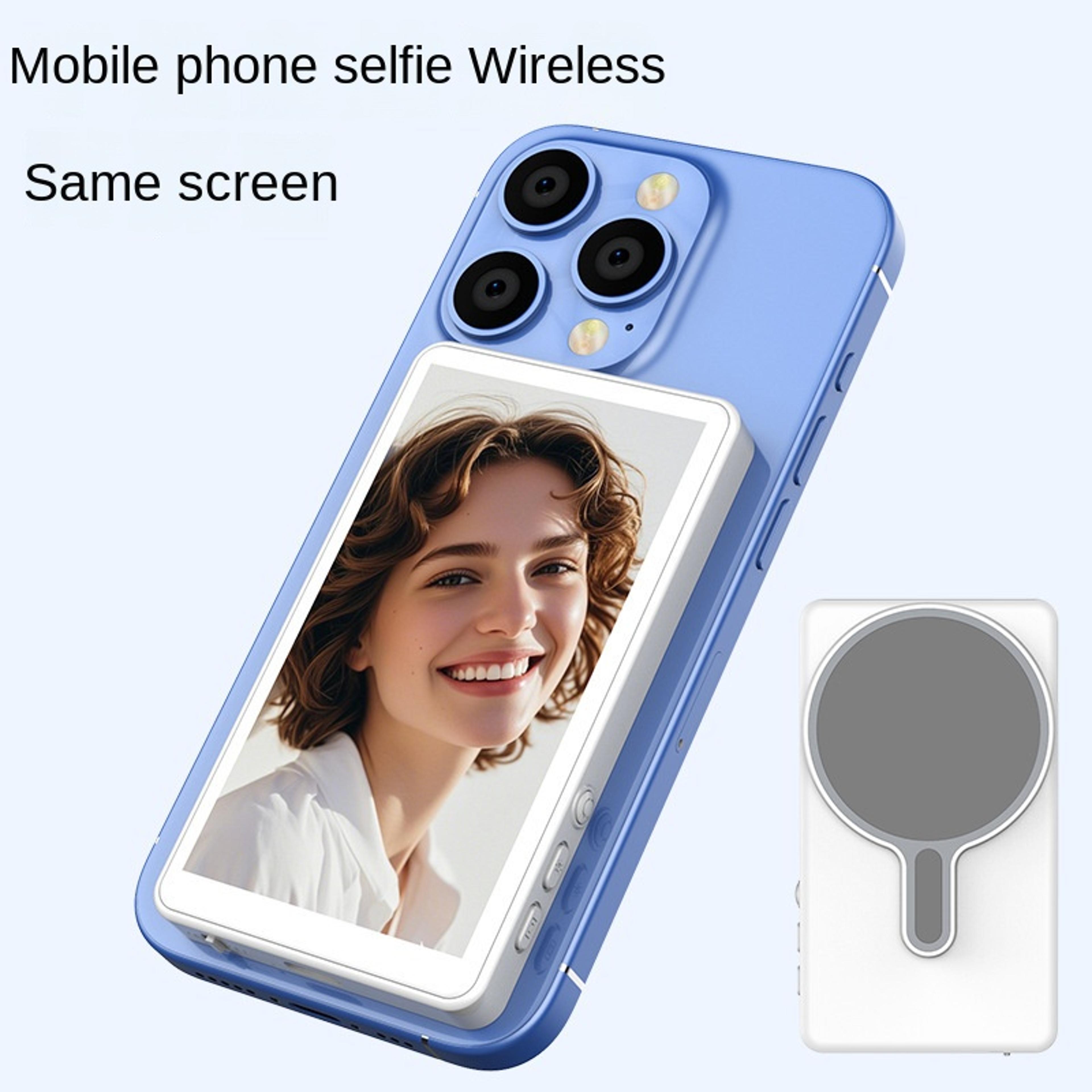 wireless mobile selfie screen mirroring device, live streaming & magnetic rear camera sharing