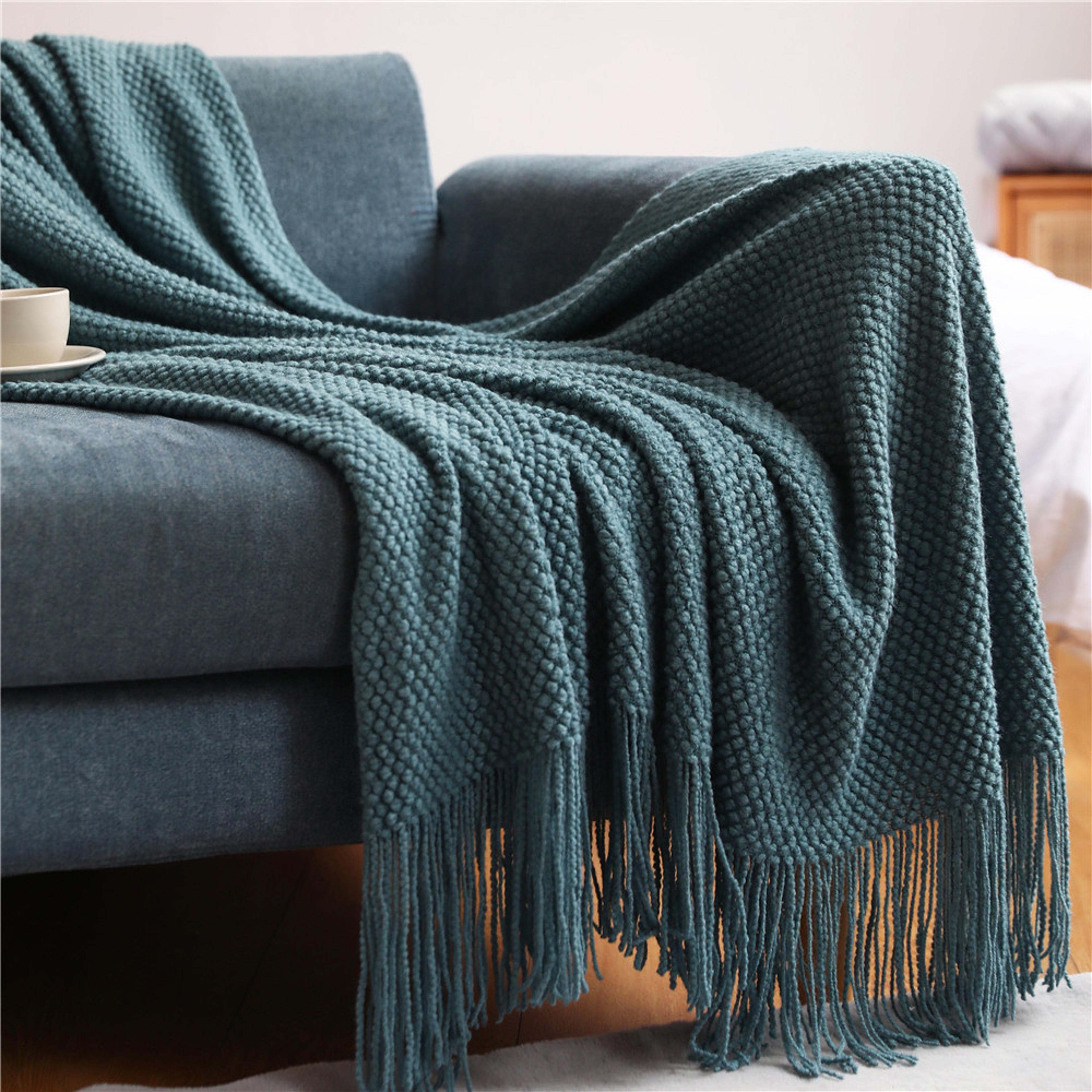 textile city tassel knitted throw blanket, winter warm decorative bedspread