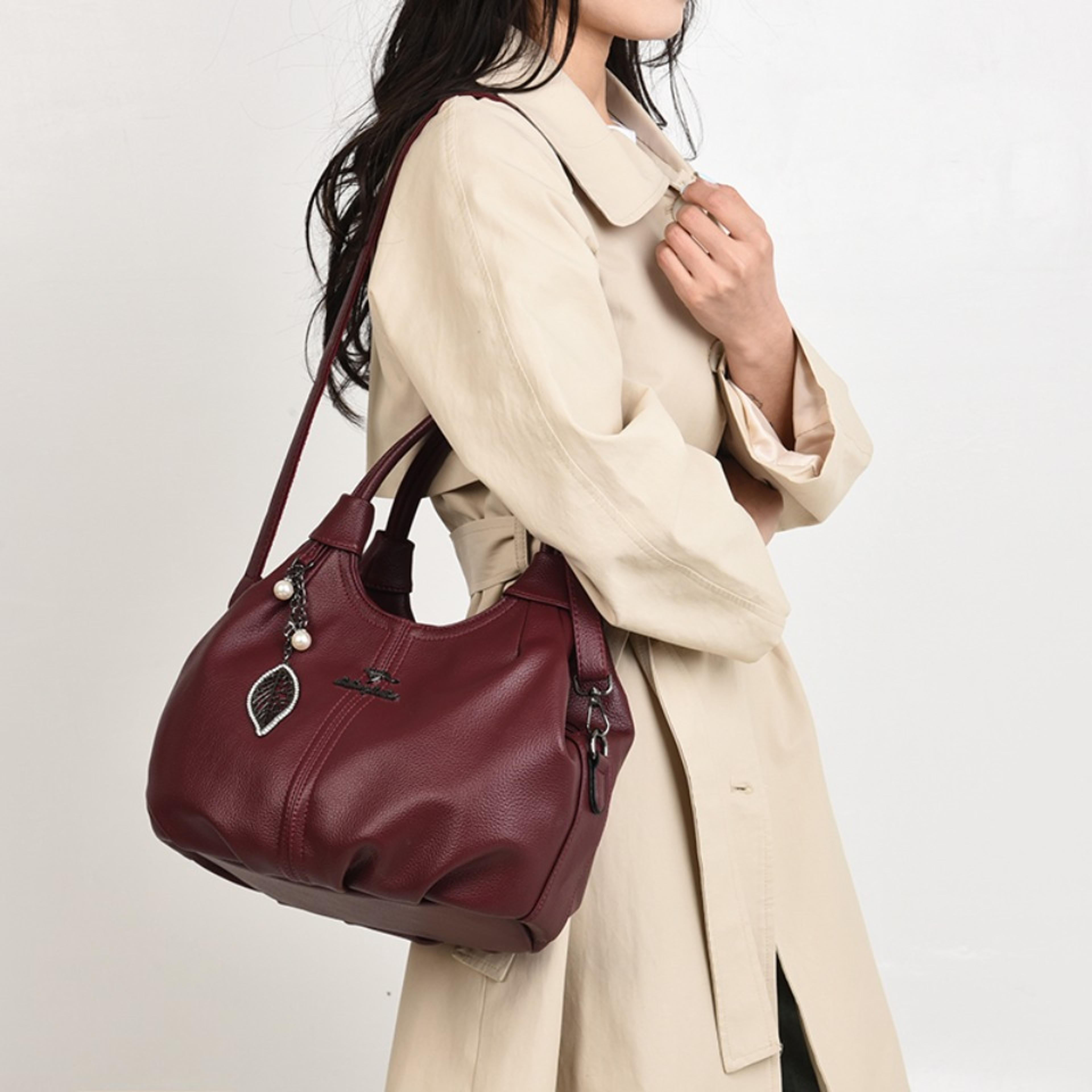 soft lychee leather hobo handbag, stylish 3-layer shoulder & crossbody tote bag with pearl leaf pendant for women