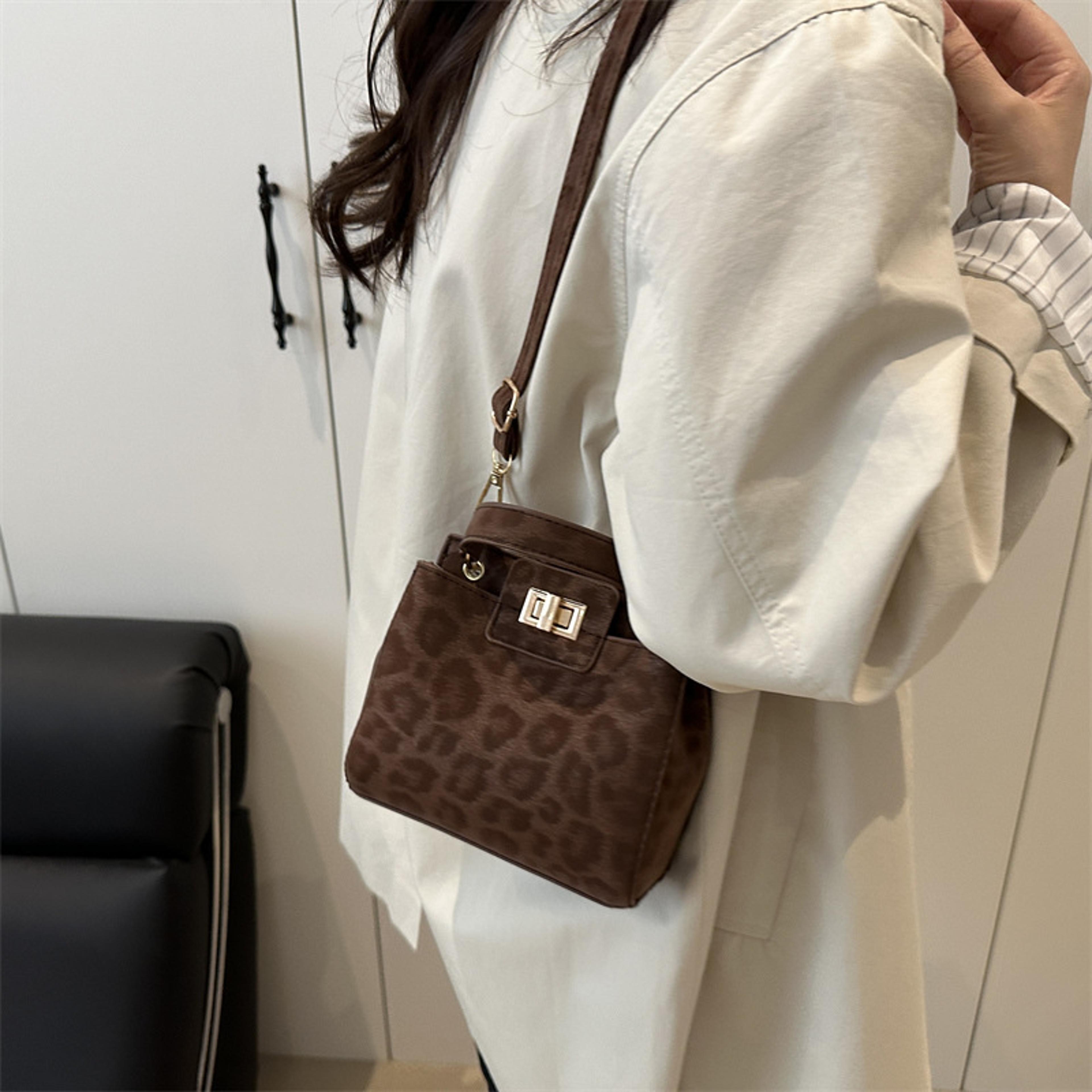 chic leopard print crossbody bag for women, retro buckle shoulder tote