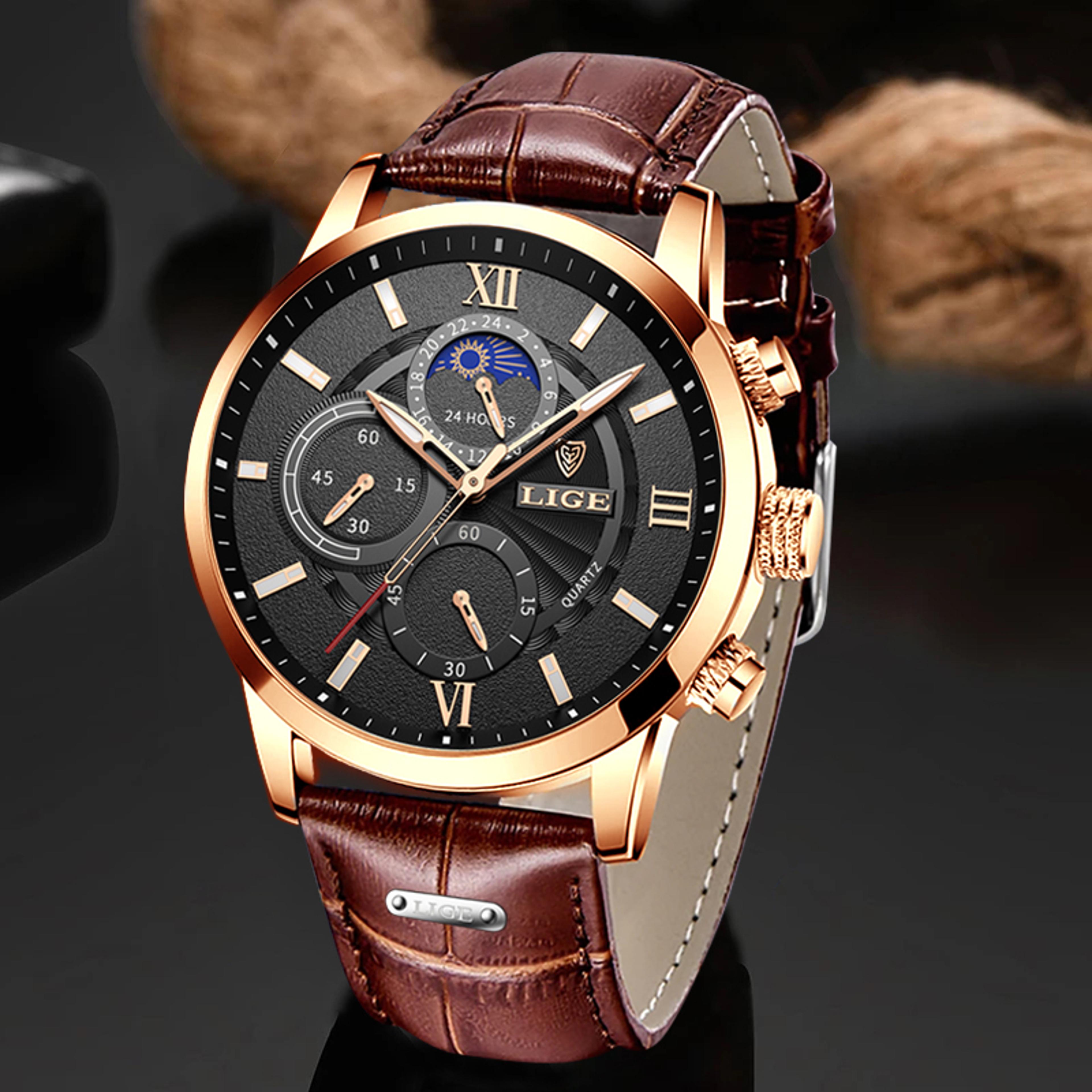 lige luxury men's leather watch waterproof quartz sport timepiece