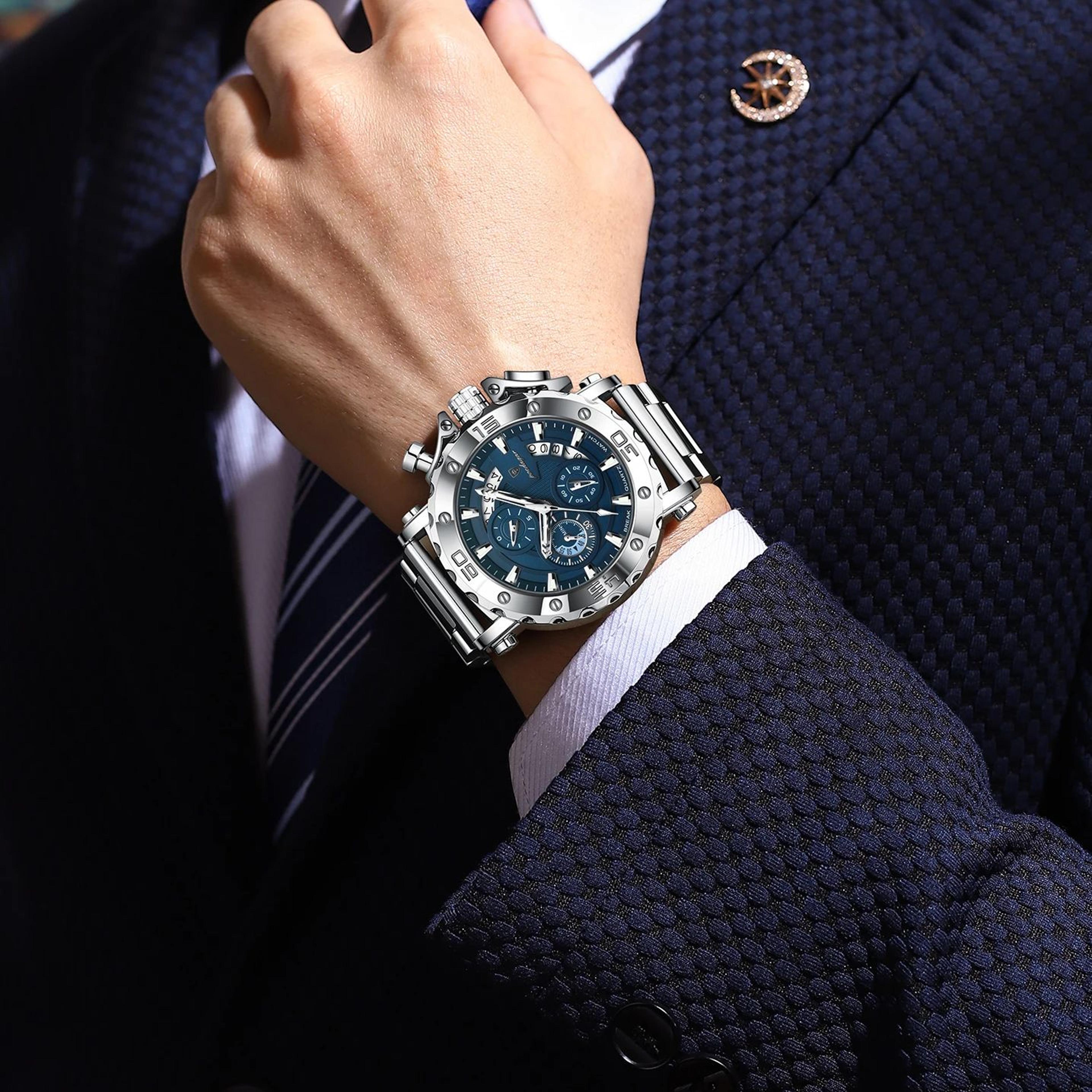 luxury men chronograph watch waterproof stainless steel luminous calendar timepiece