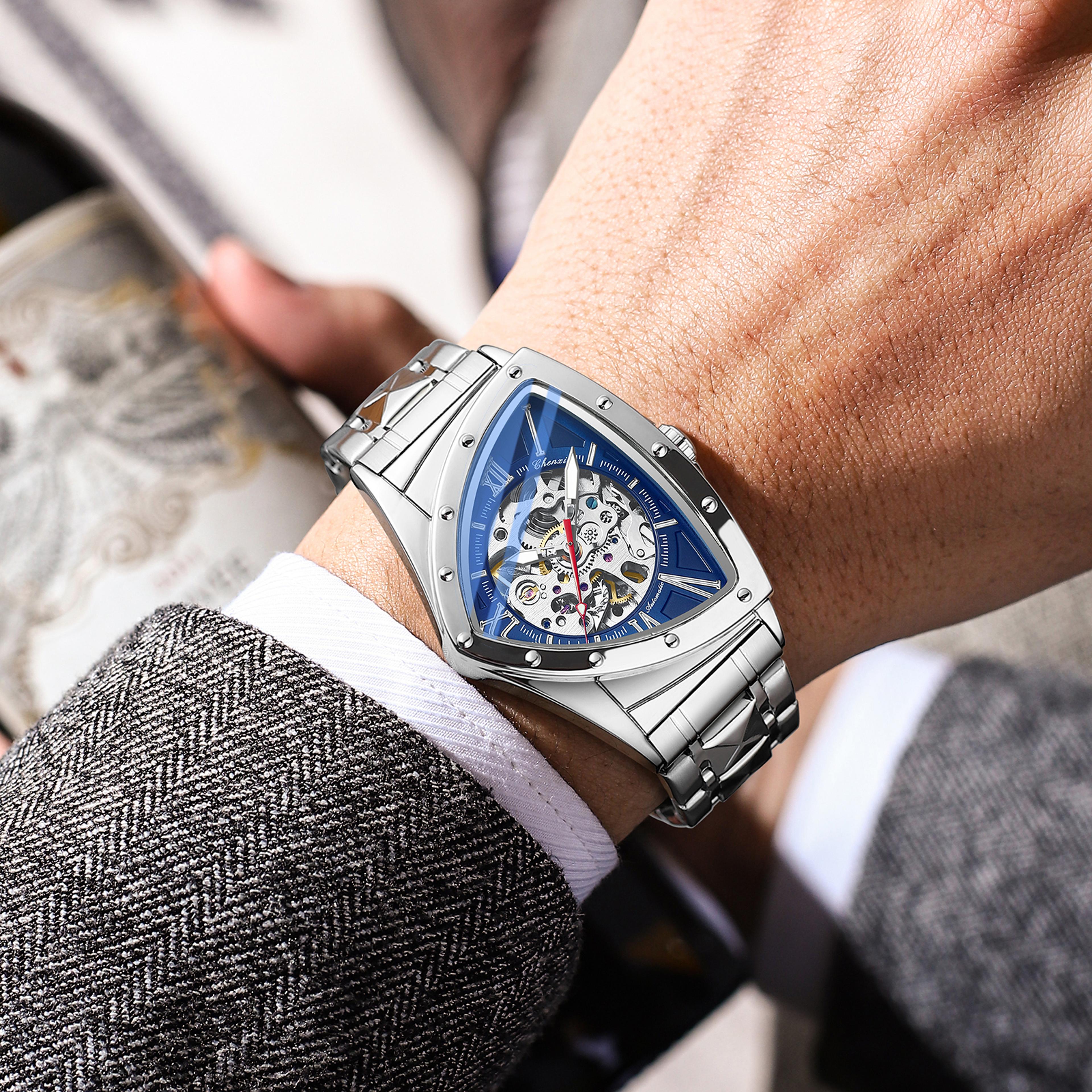 premium triangle skeleton men mechanical watch with luminous stainless steel strap