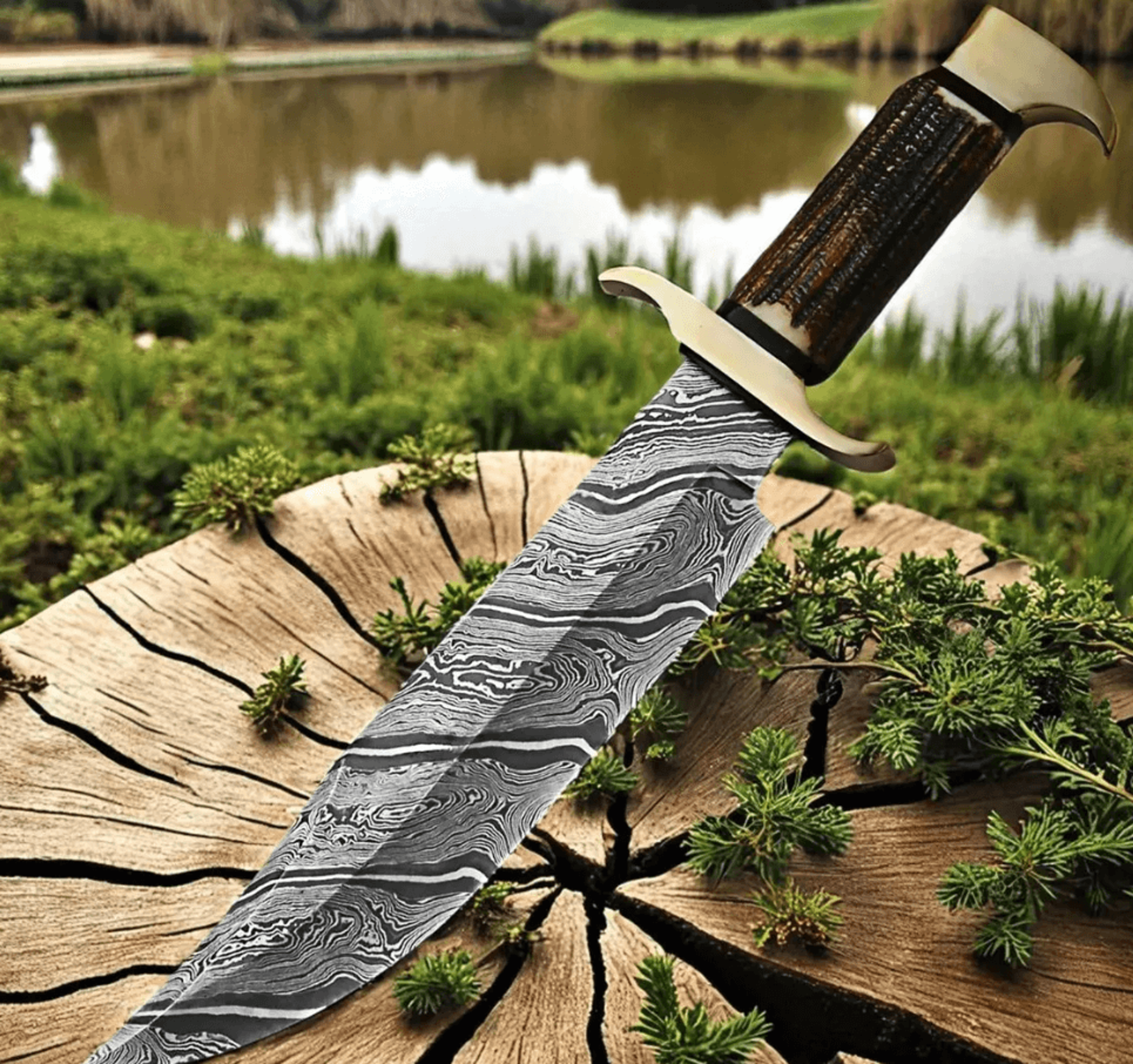 18" handmade snake damascus steel bowie knife | deer horn handle | custom full tang hunting & survival knife