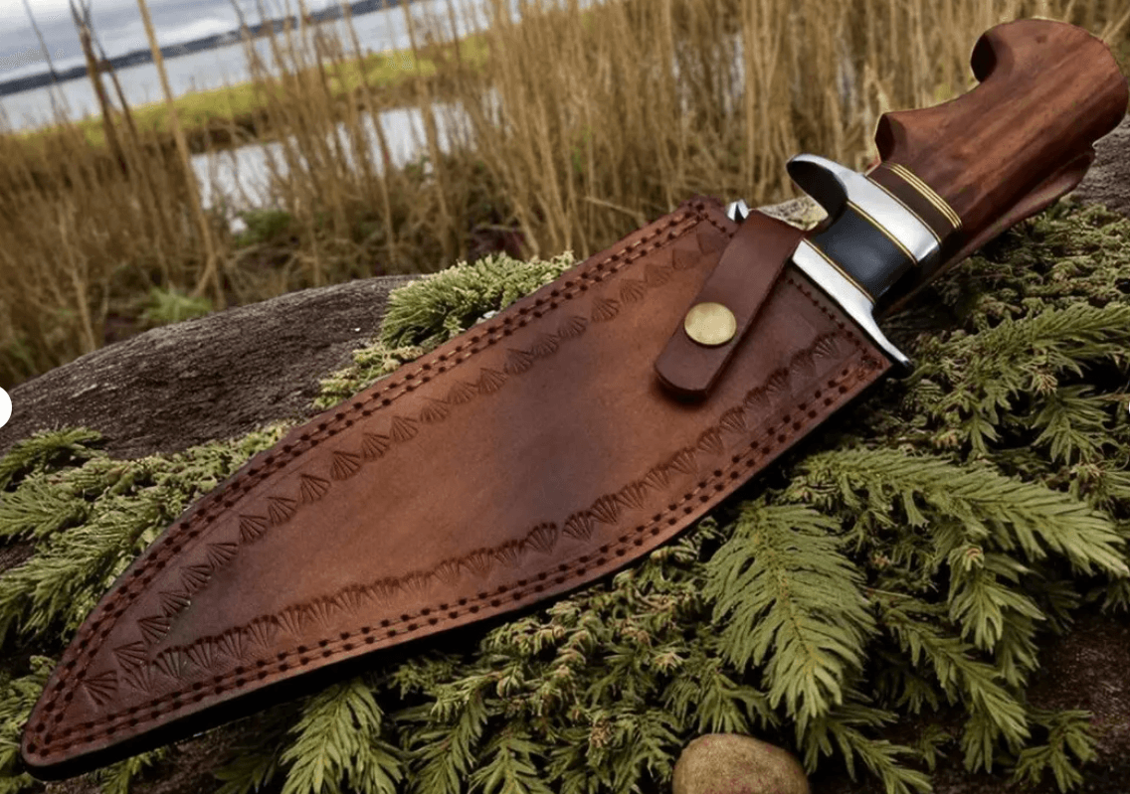 high carbon steel hunting knife | 15" hammered blade | authentic stag horn handle