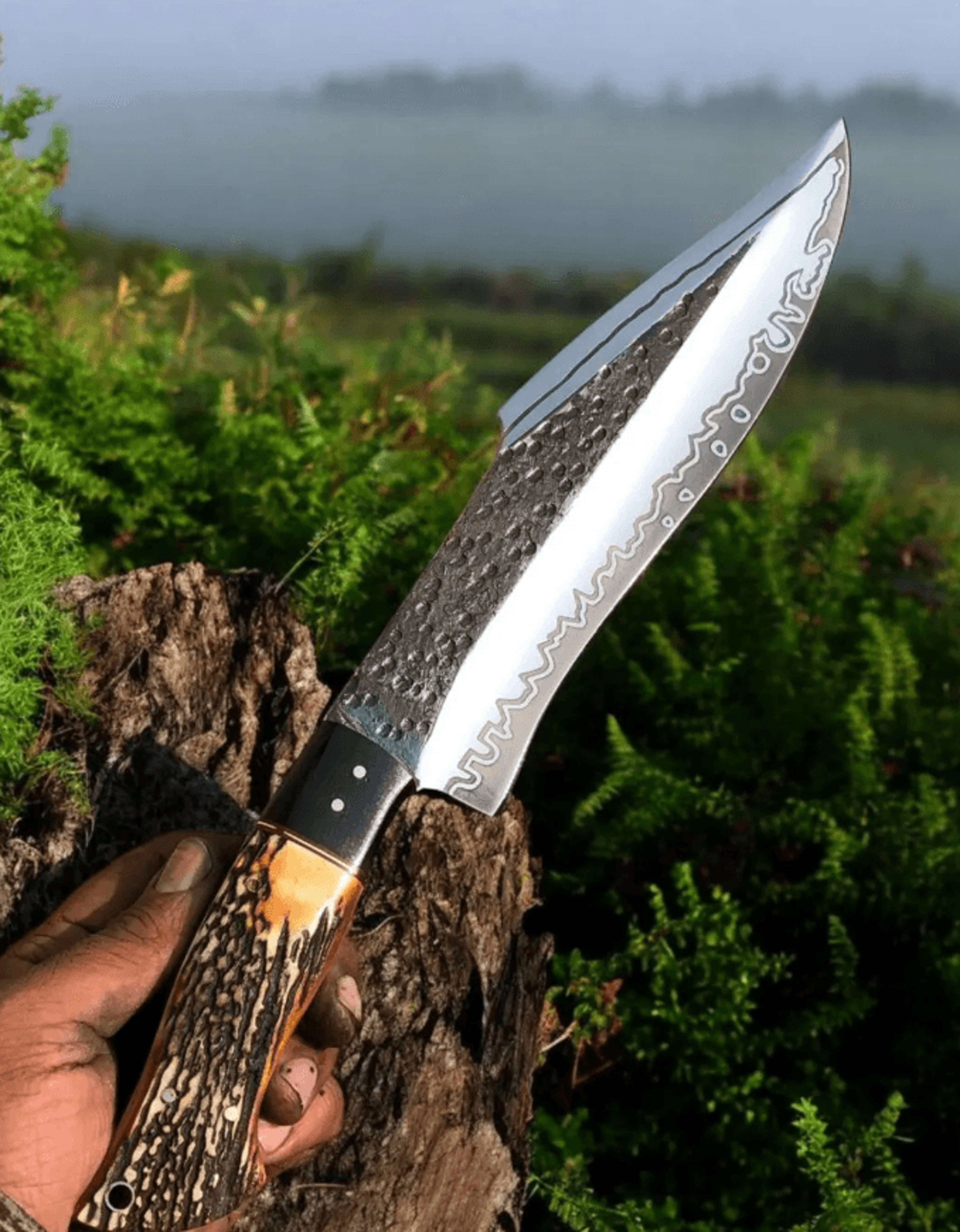 stag handle bowie knife | 13" high carbon steel outdoor blade + leather sheath | bushcraft & hunting knife