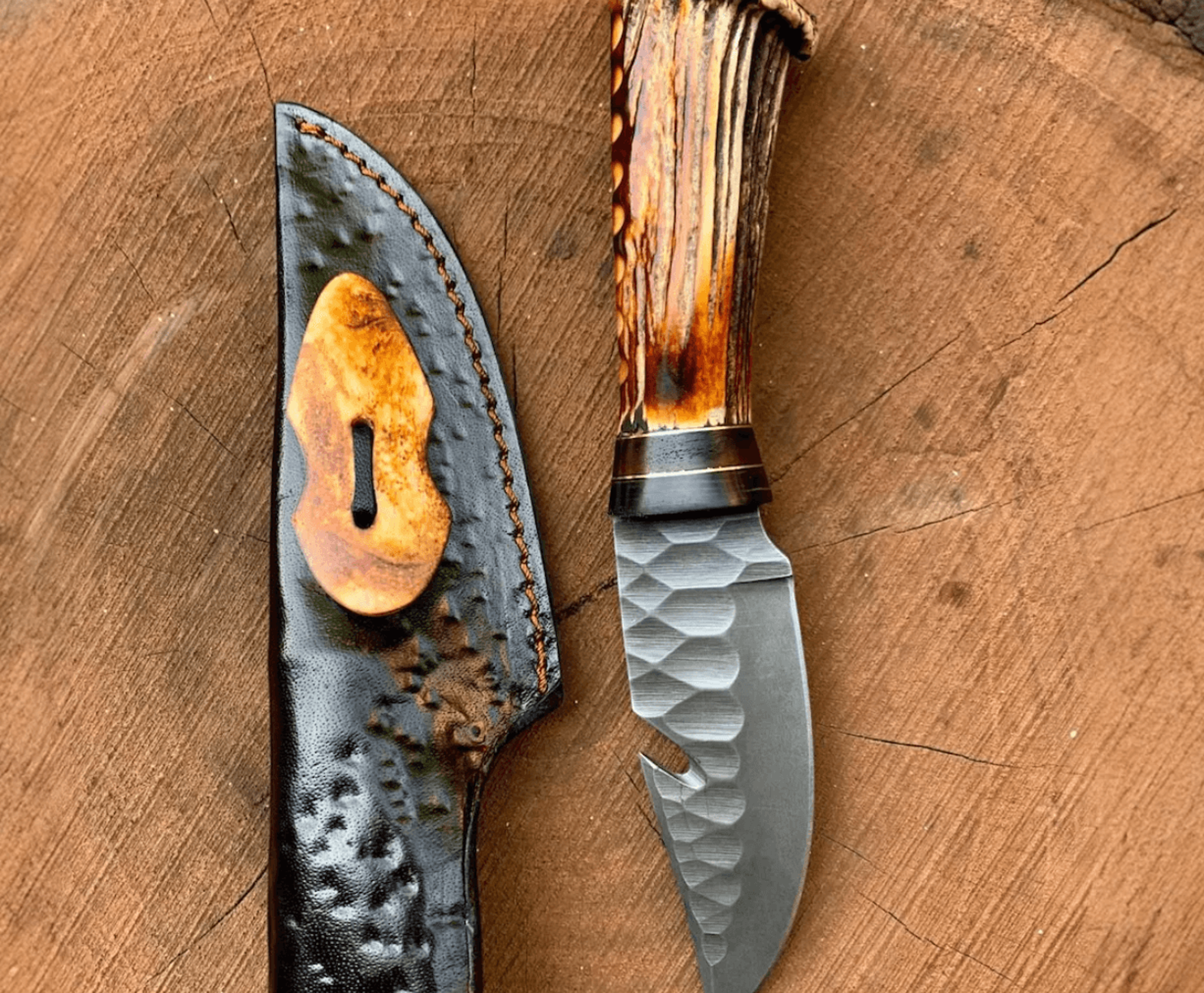 hand-forged carbon steel gut hook hunting knife | deer antler handle | 9" skinner knife + leather sheath