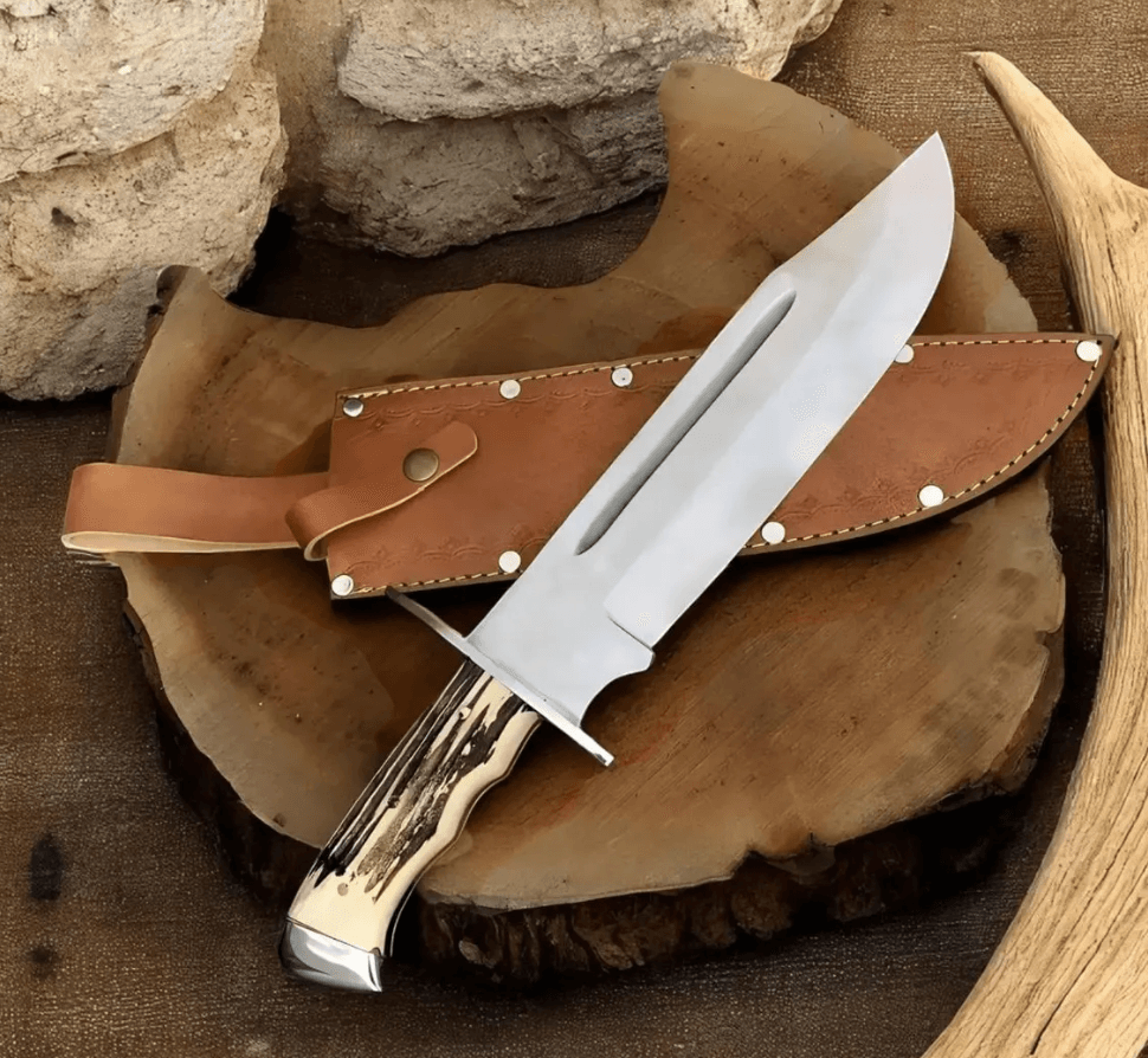 frontier-style d2 steel bowie knife | 15" stag horn handle hunting blade + leather sheath | handmade outdoor knife