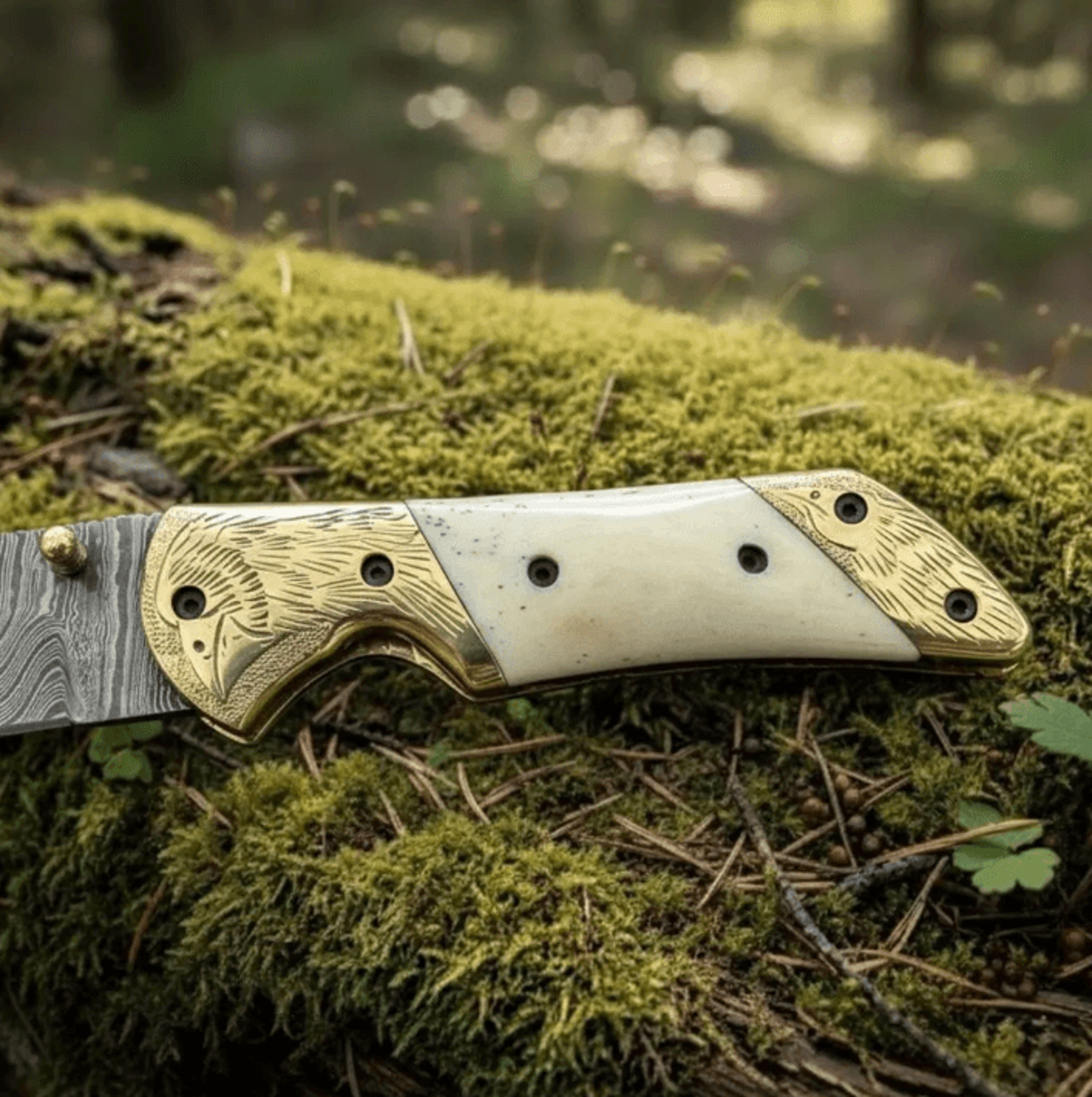 handmade damascus folding knife | bone handle & brass bolsters | eagle engraving | 8" pocket knife w/ leather sheath