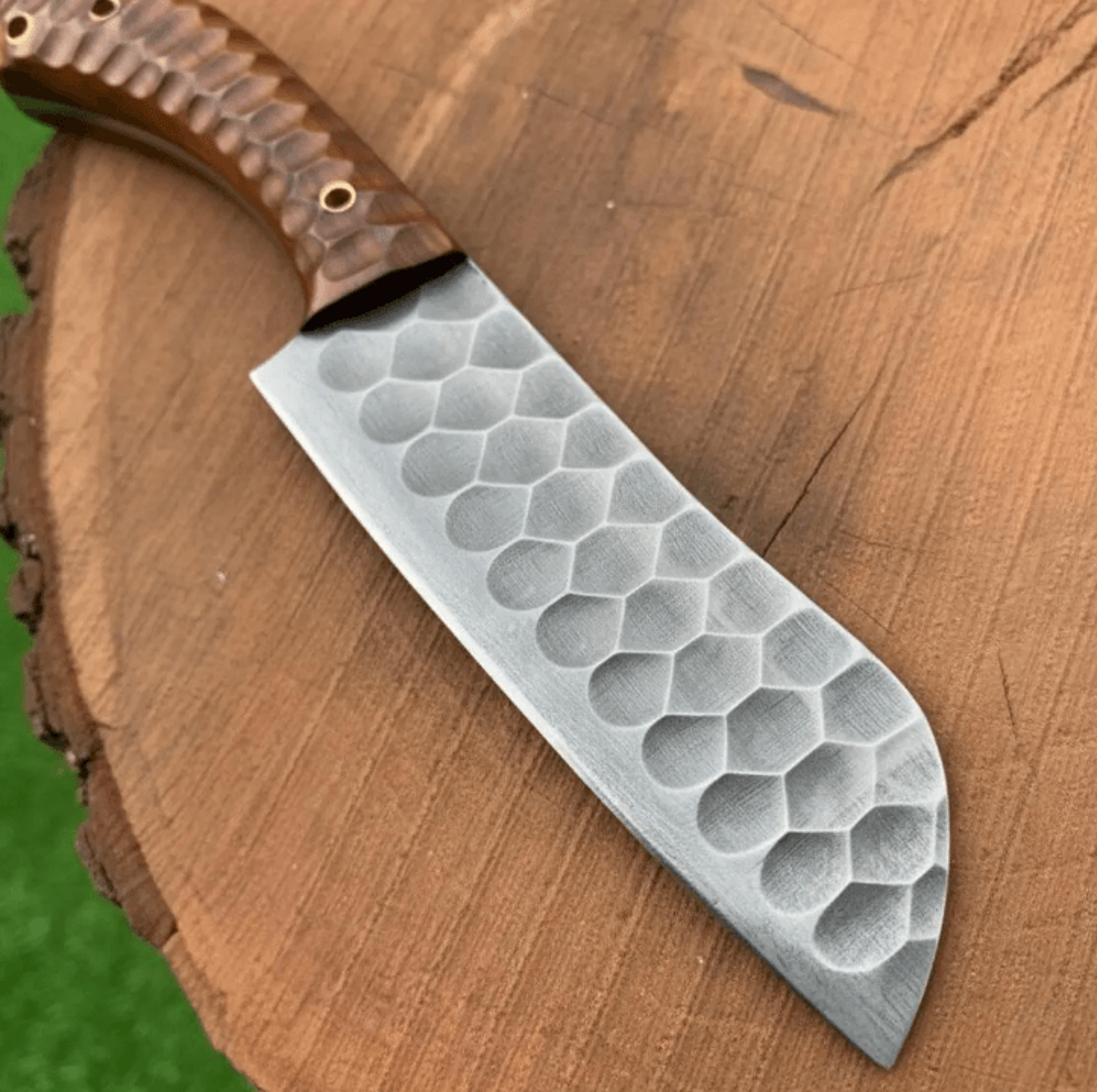 handmade carbon steel chef knife | 12" hammered hex blade + sculpted wooden handle | full tang kitchen knife w/ leather