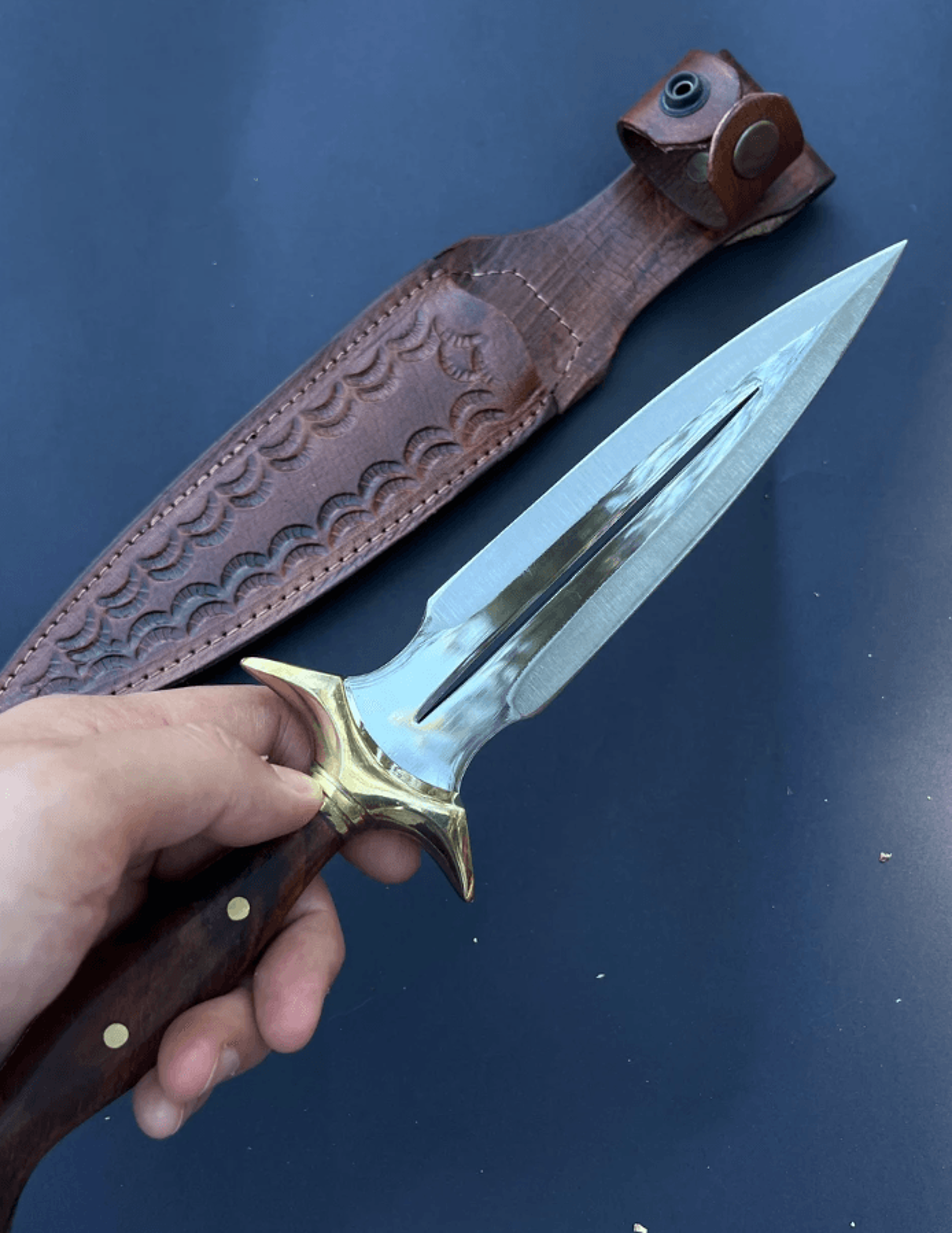 handmade fairbairn sykes dagger knife | 12" double-edge 4116 steel blade + walnut handle | groomsmen gift w/ leather she