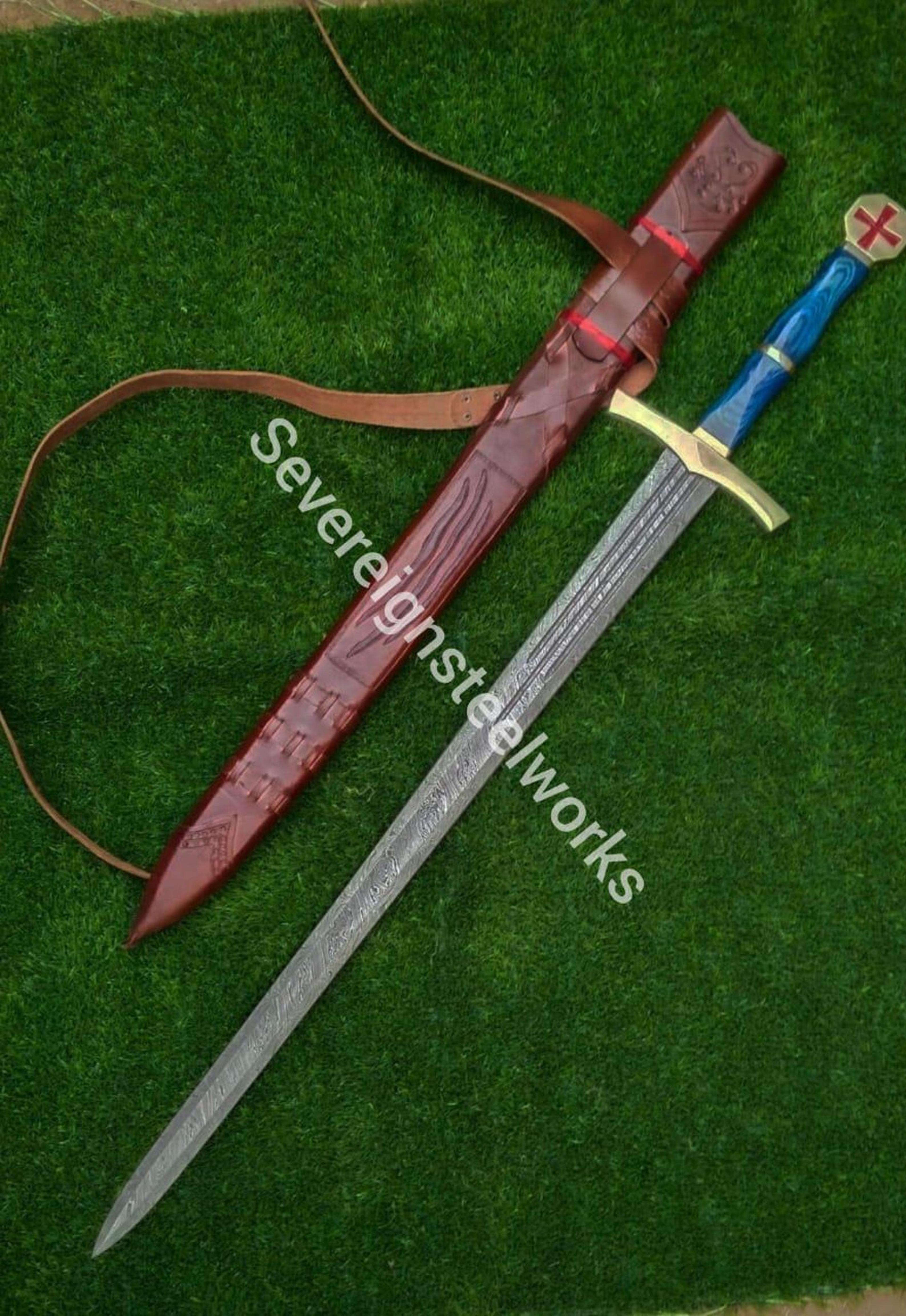40" hand-forged damascus steel templar knight sword replica with blue grip & leather scabbard