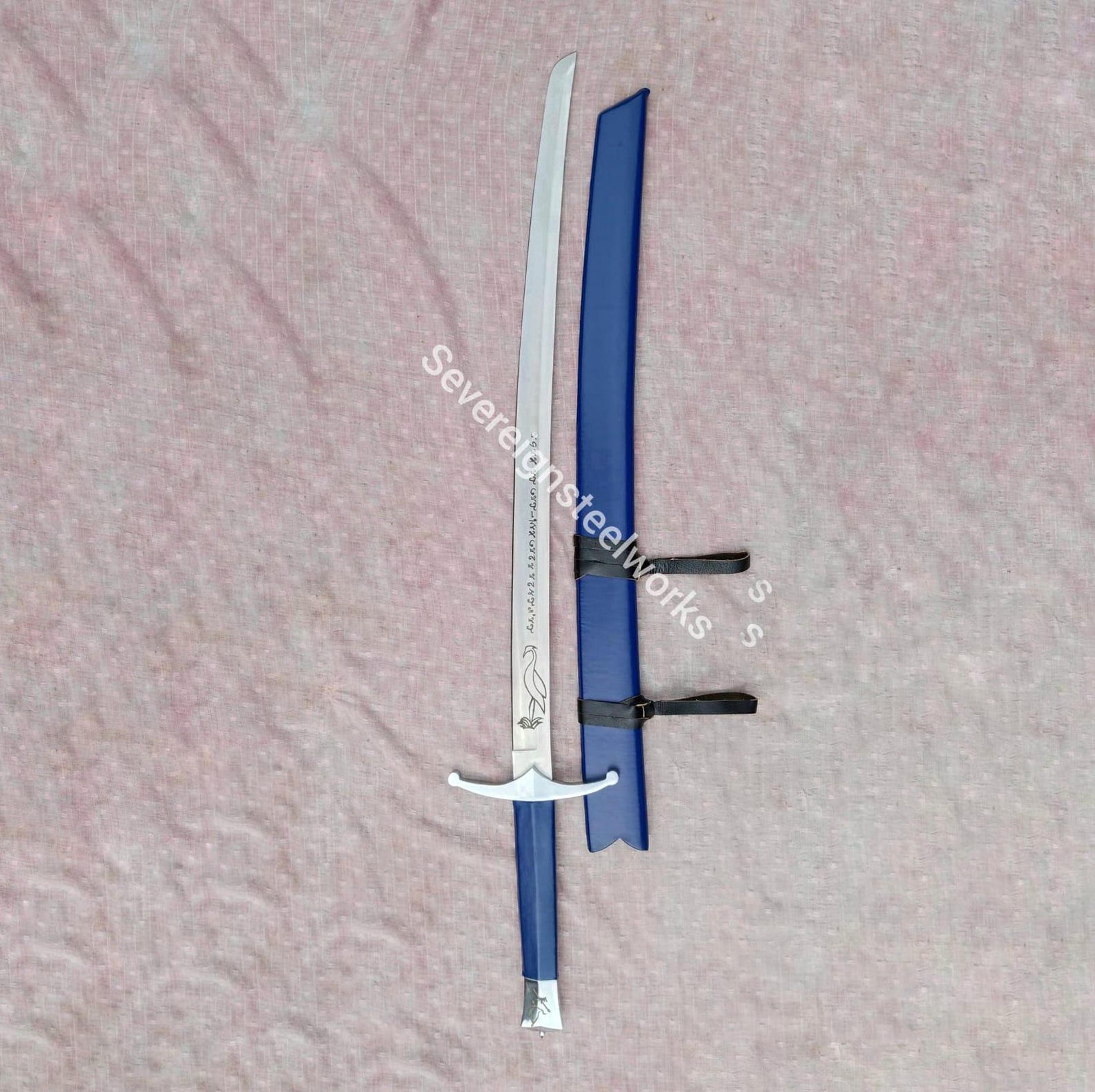 handmade heron mark sword replica with high carbon steel blade, blue wrapped handle & matching scabbard for collectors