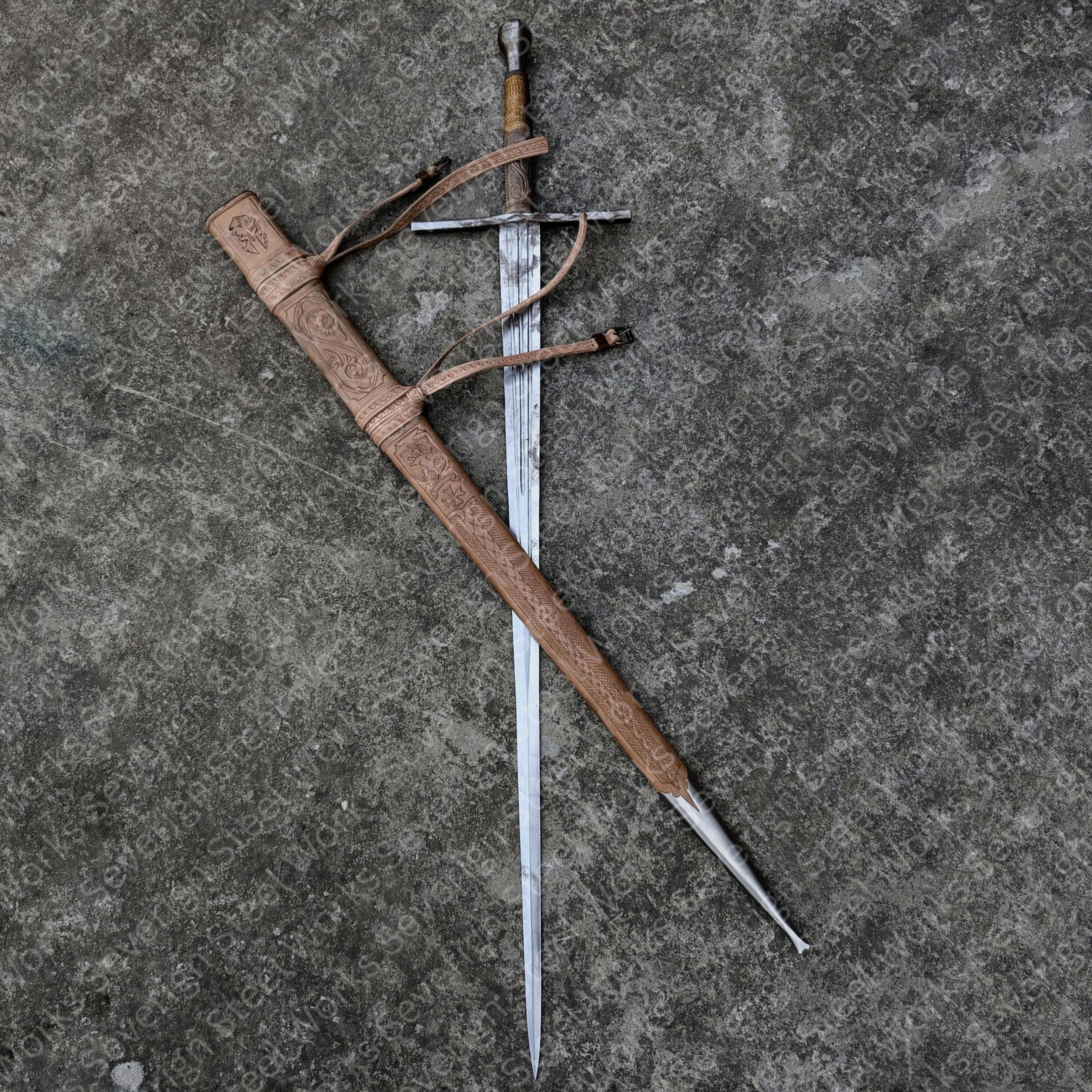 templar longsword replica – hand forged medieval knight sword with leather scabbard