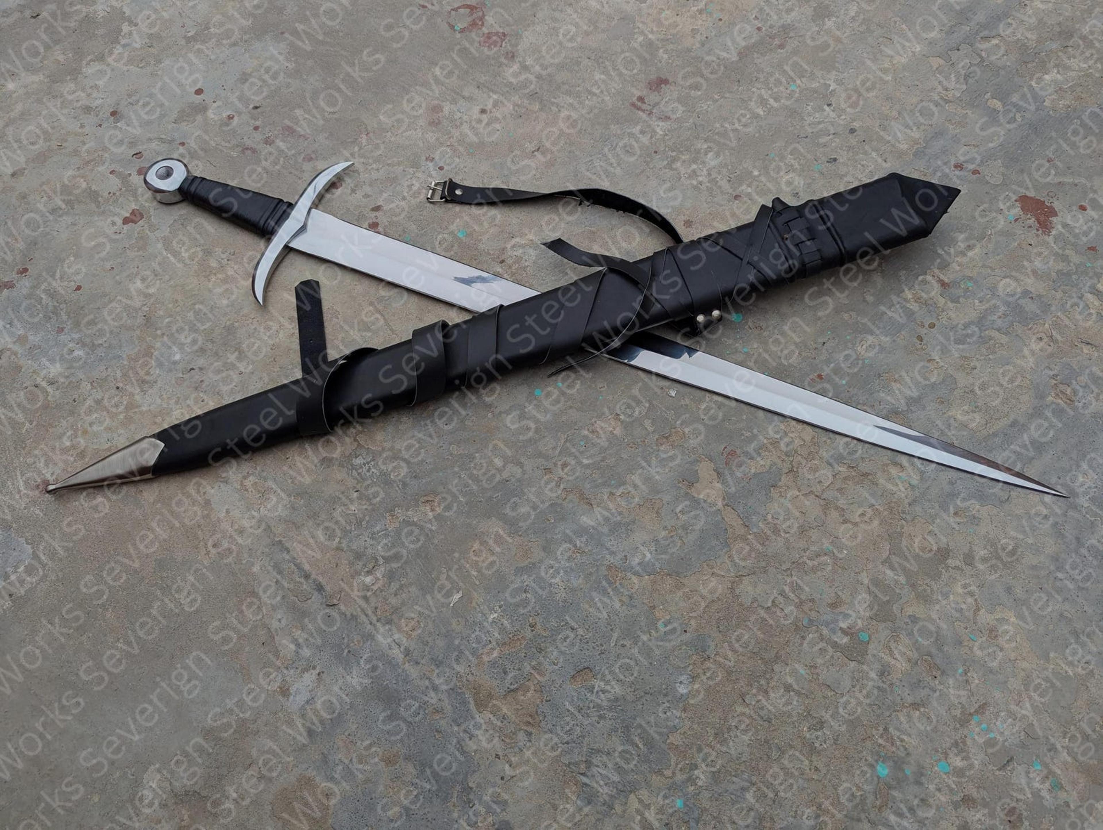 medieval longsword replica with polished steel blade, black wrapped grip & leather scabbard