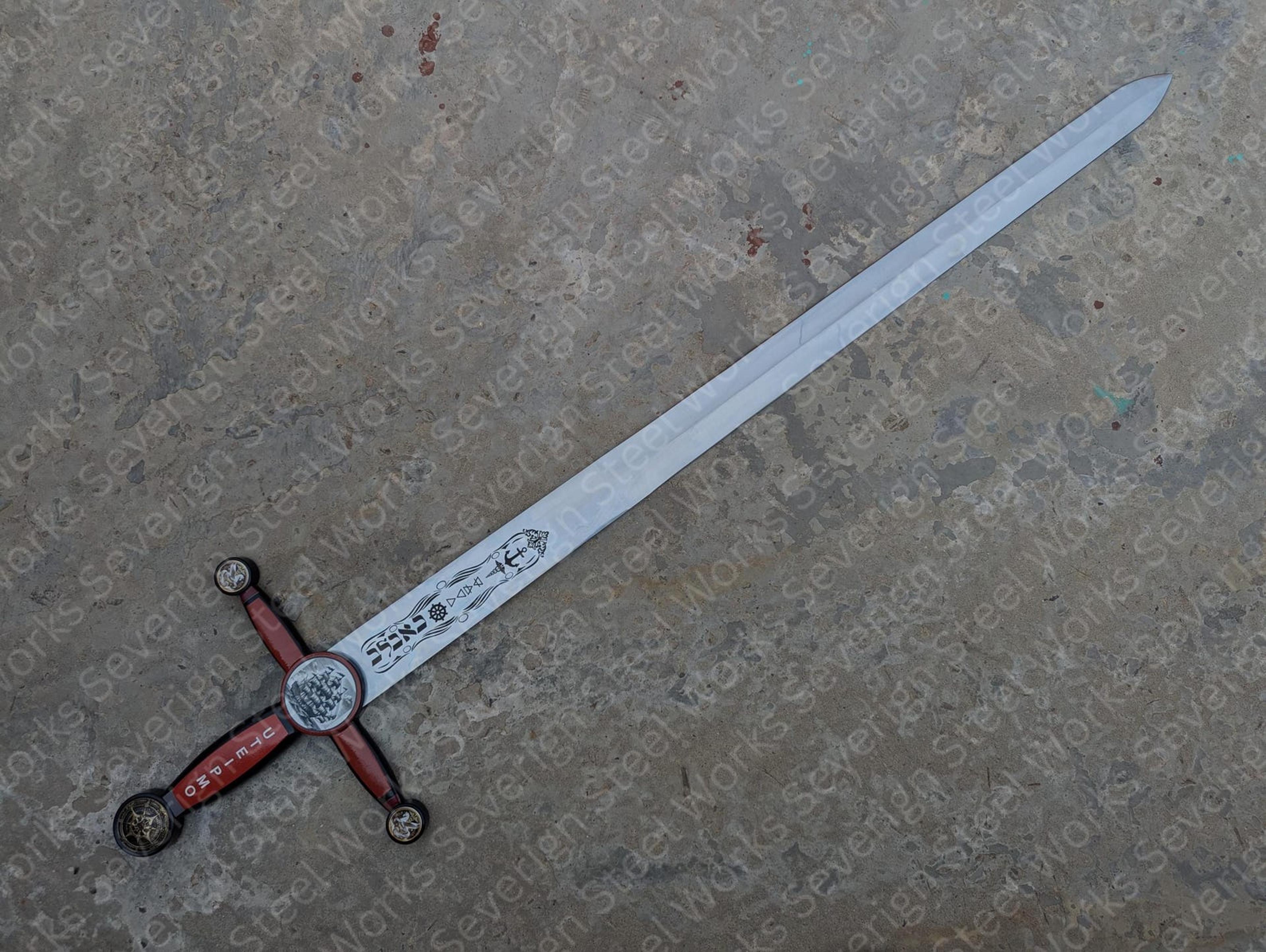 ornate medieval crusader sword replica with engraved steel blade & red crossguard