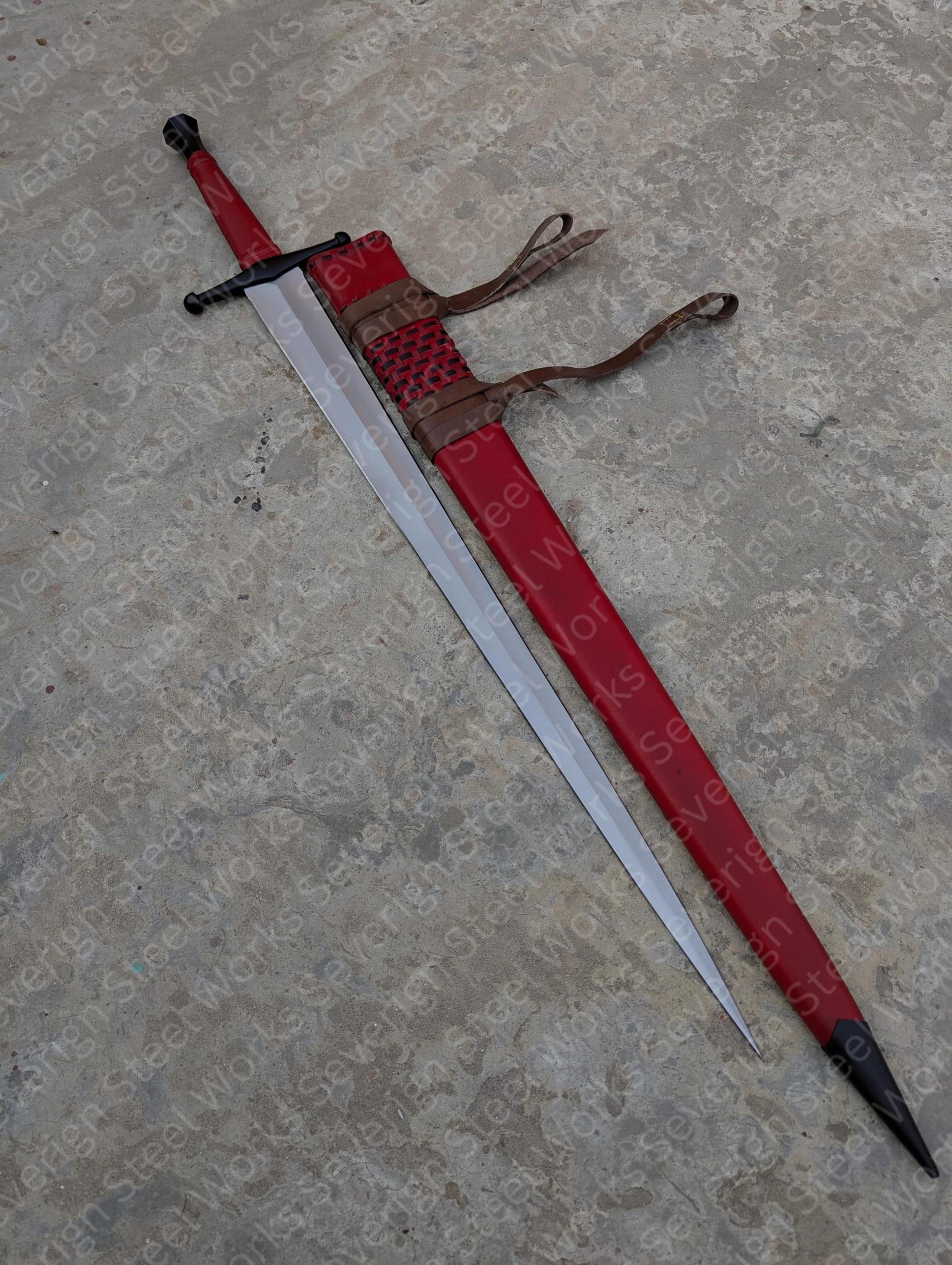 handmade medieval knight longsword – high carbon steel blade with red scabbard & carrying straps