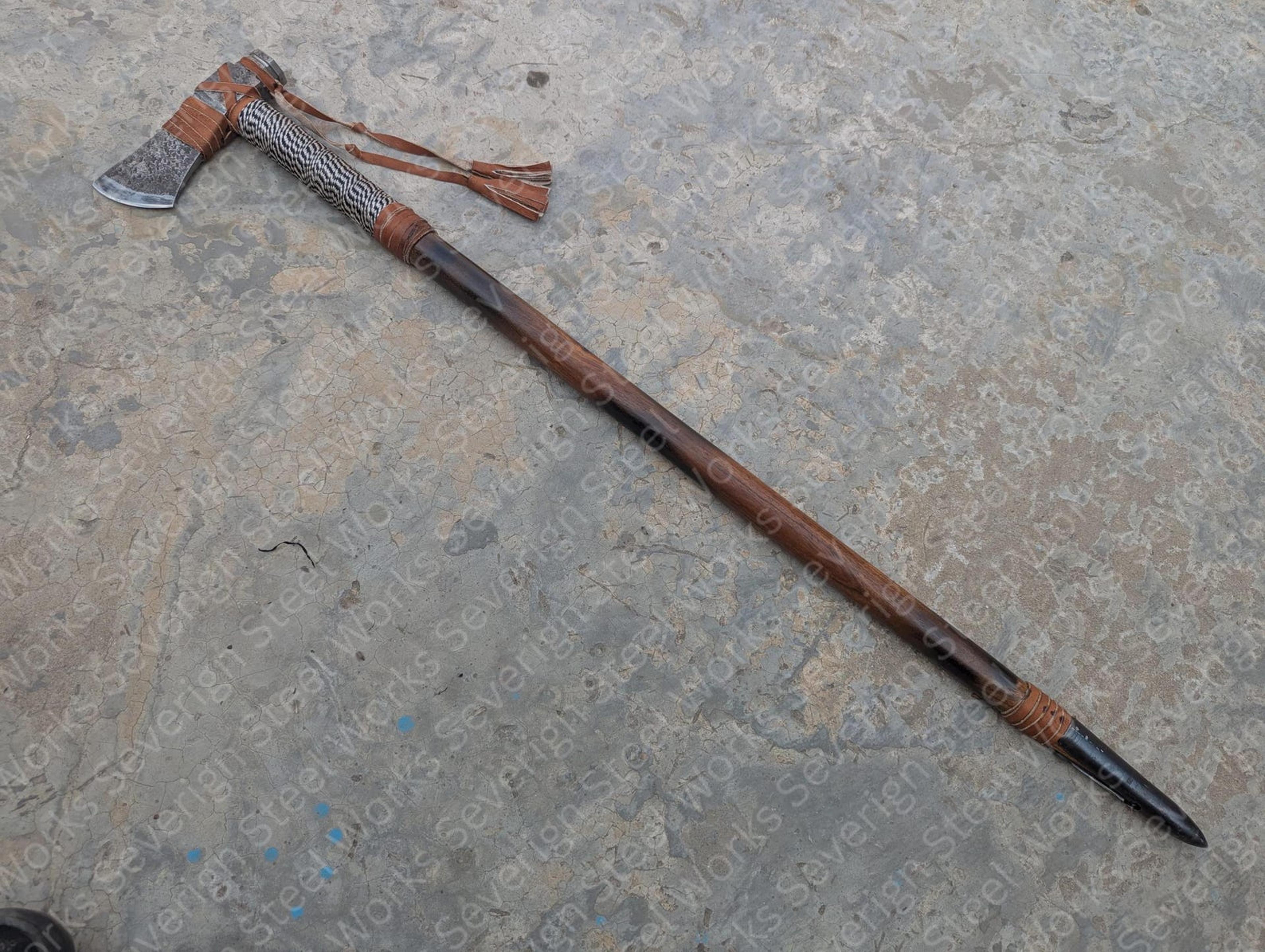 hand forged viking tomahawk axe – rustic steel head with burned wood handle & leather wrap