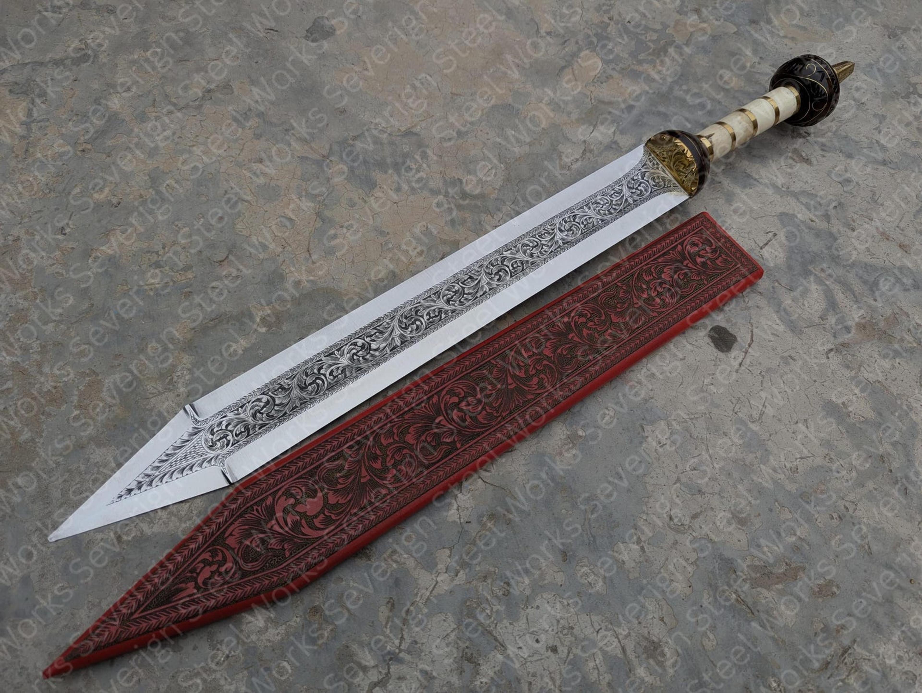 roman gladius sword – handmade 1095 carbon steel engraved blade with decorative leather scabbard