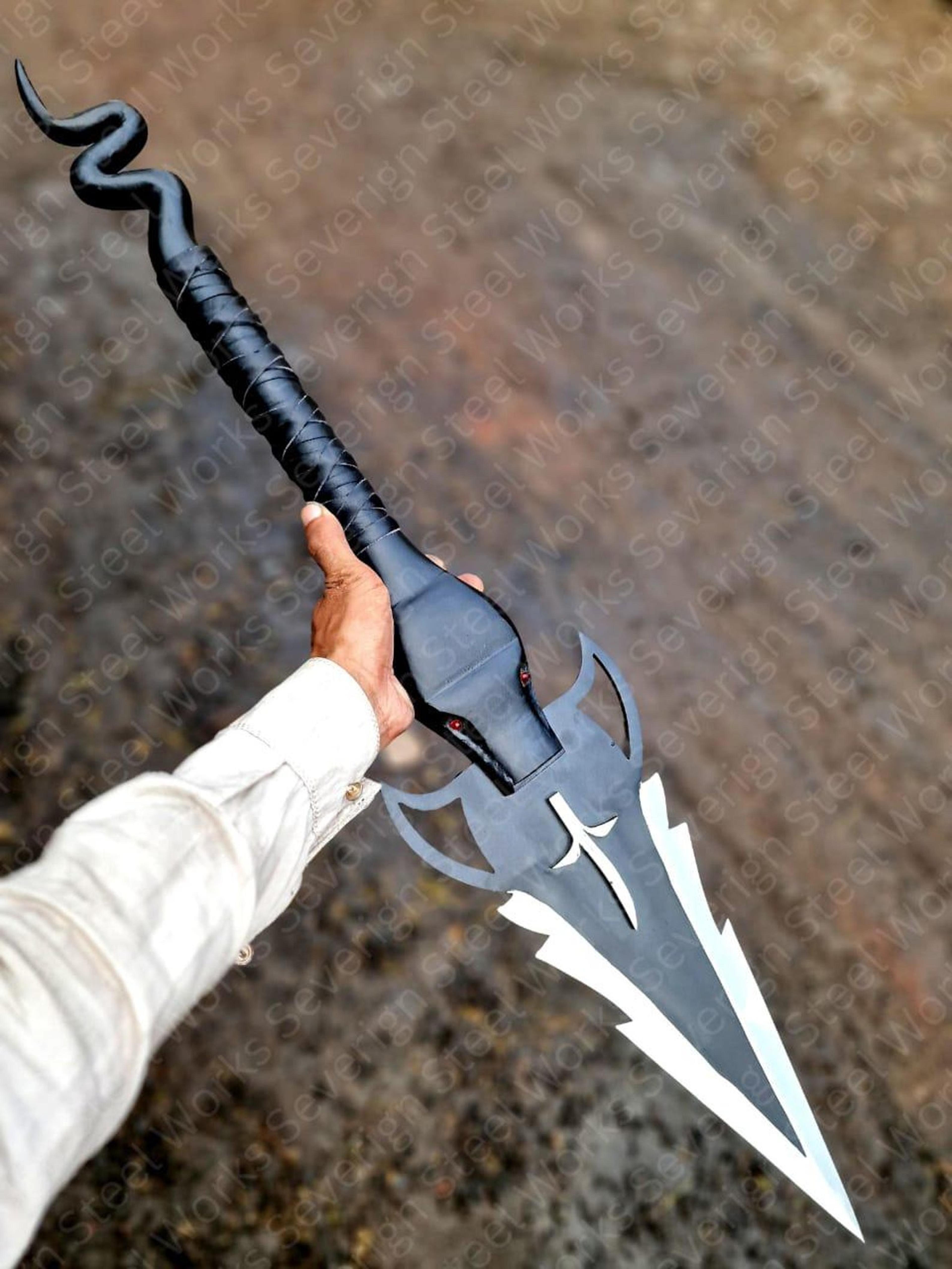 handmade dark fantasy spear replica with black steel blade & wrapped grip for collectors, cosplay & display