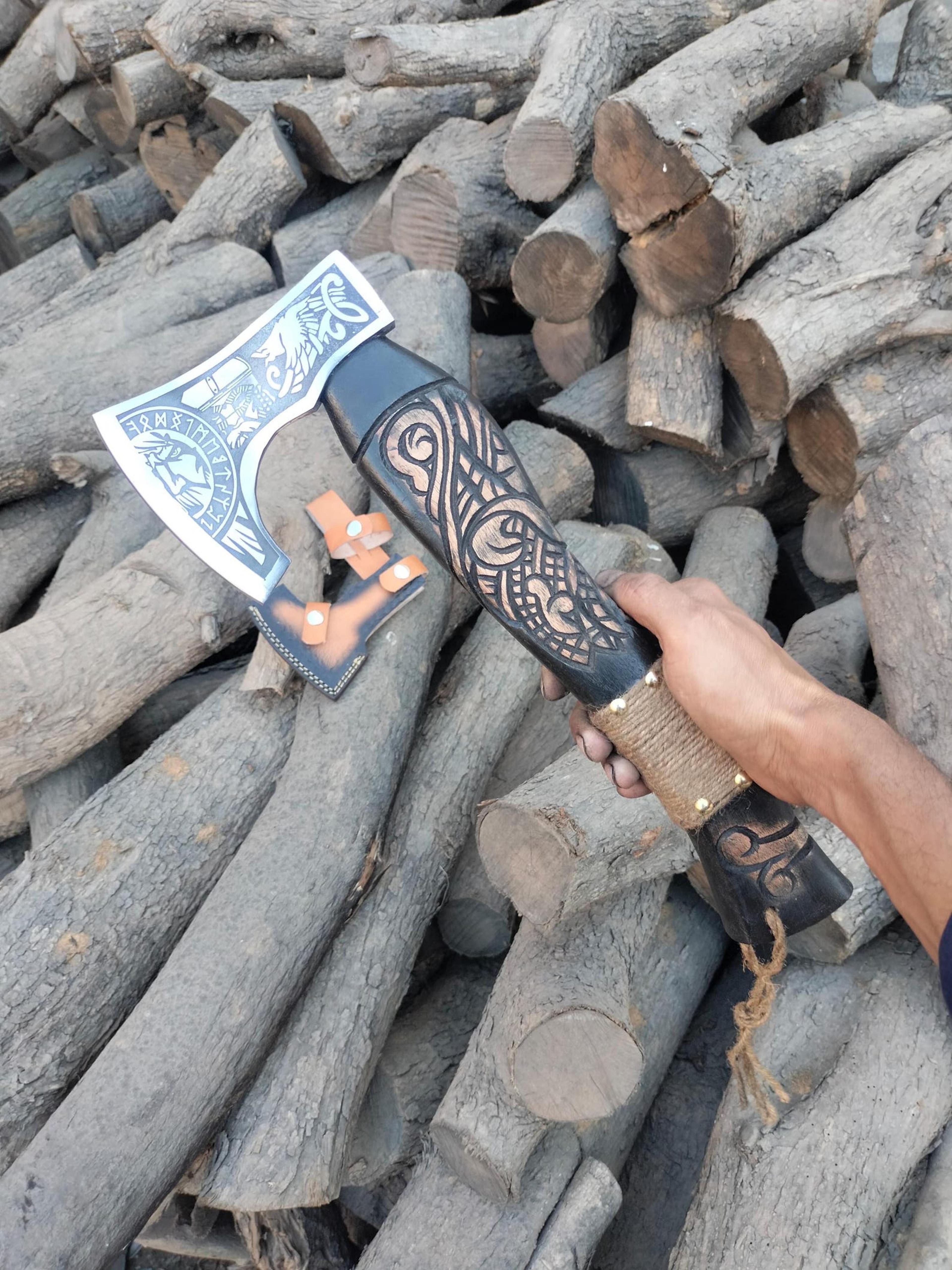 handmade viking axe with engraved steel head & nordic carved wooden handle – norse collectible with leather cover