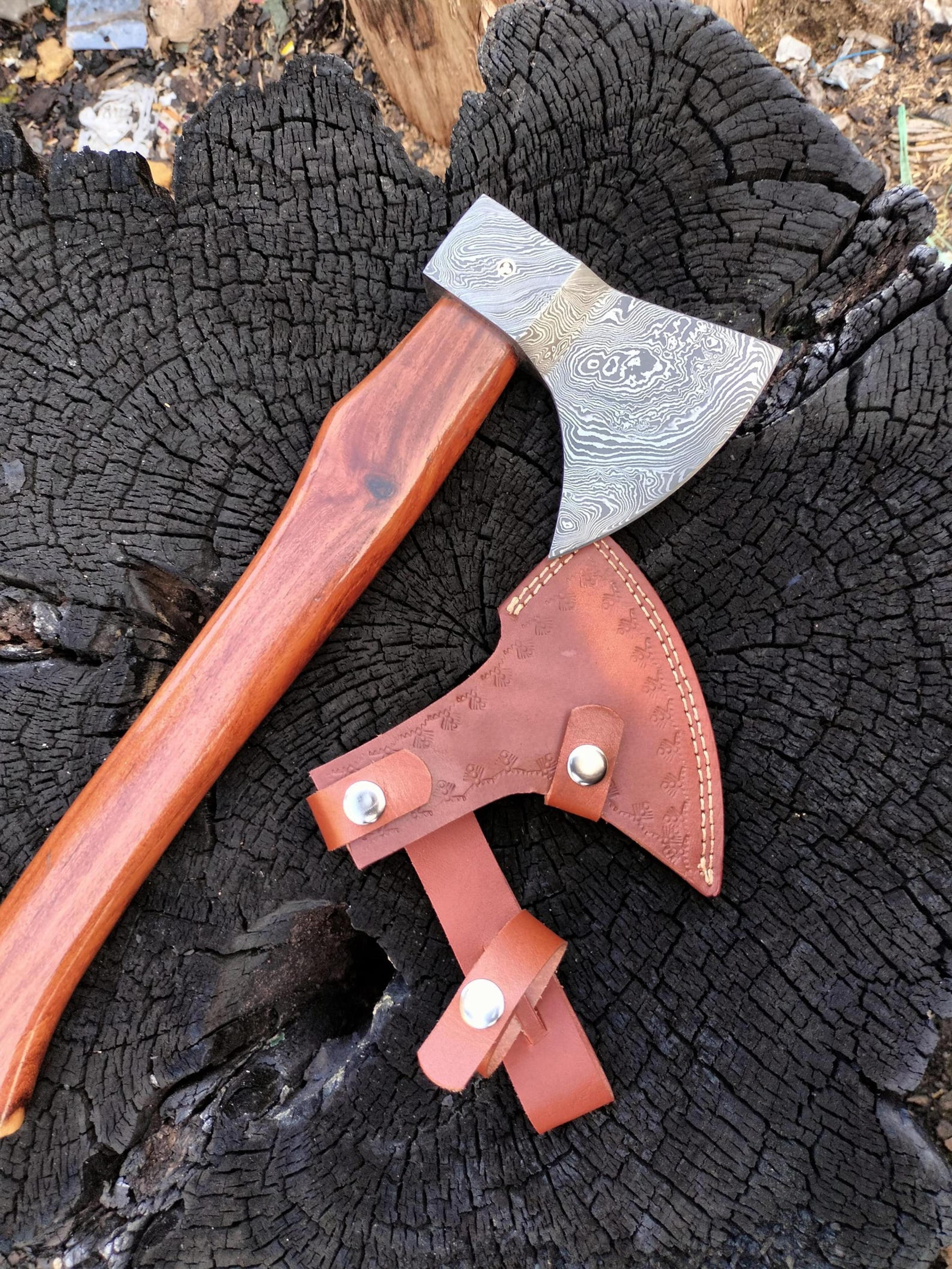 handmade damascus steel viking axe with rosewood handle & leather blade cover – norse collector display axe