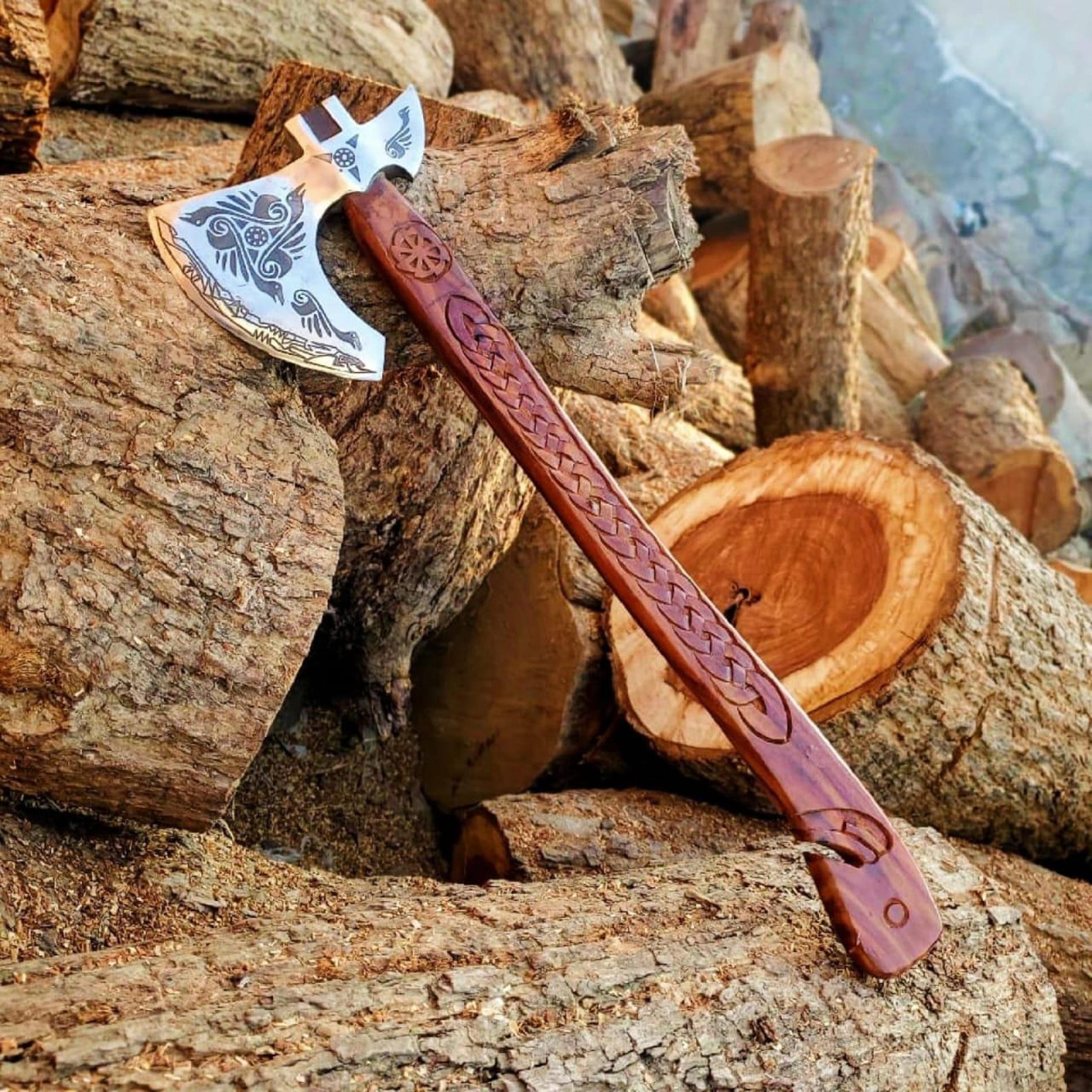 handmade viking axe with engraved steel head & carved wooden handle – norse warrior collector display axe