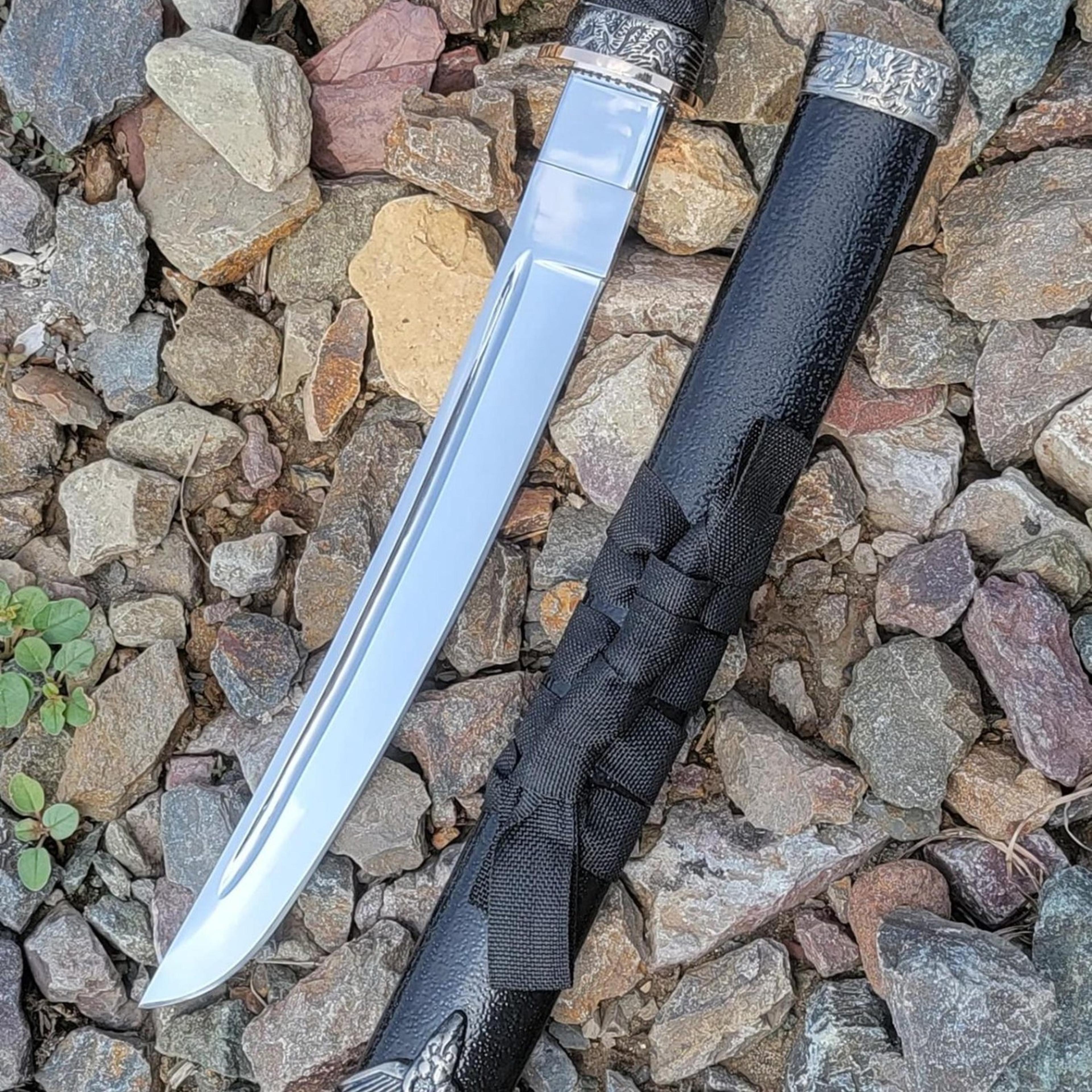 handmade samurai katana sword with polished steel blade, black wrapped handle & matching scabbard – japanese-inspired co