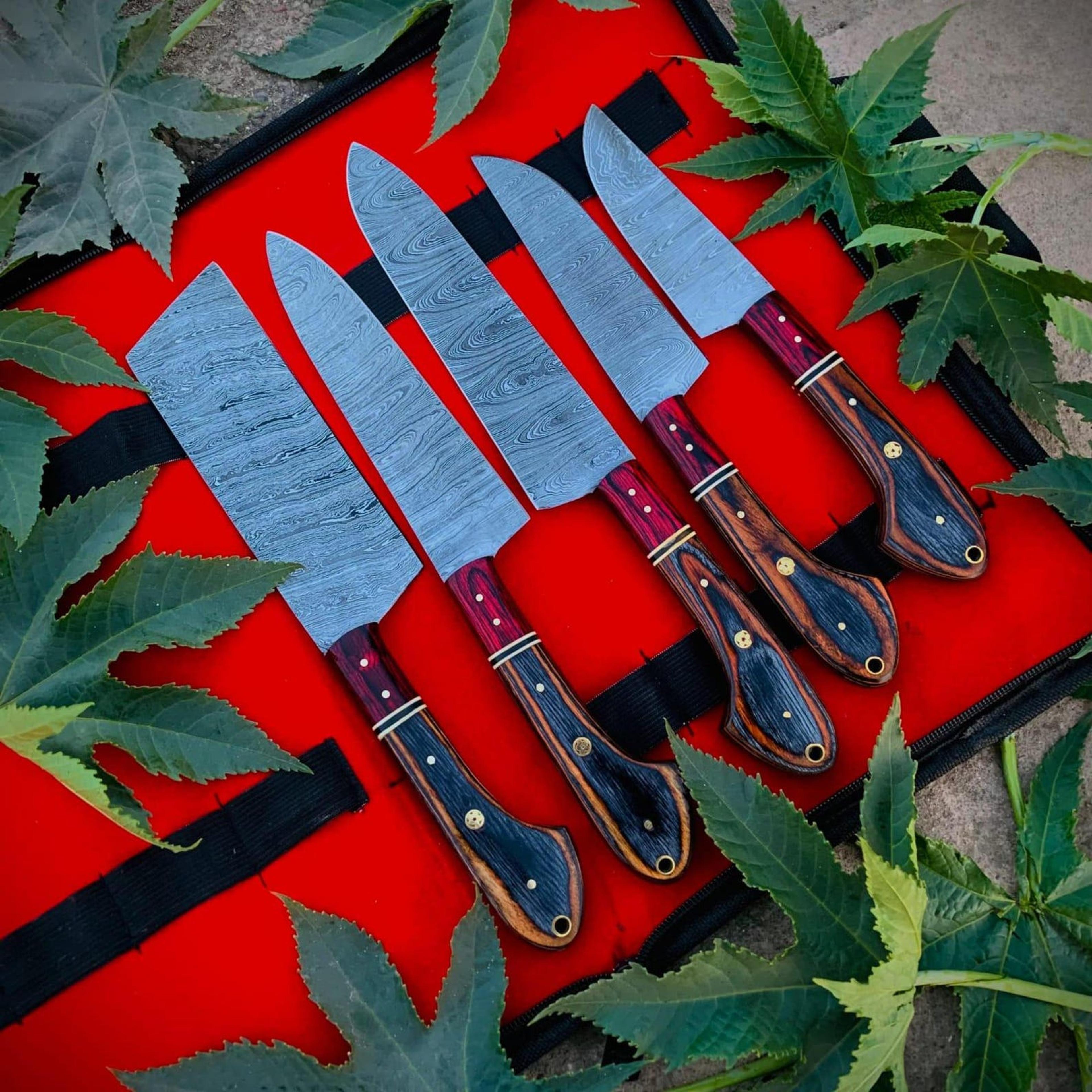 handmade 5-piece damascus steel chef knife set with premium wood handles – professional kitchen cooking collection