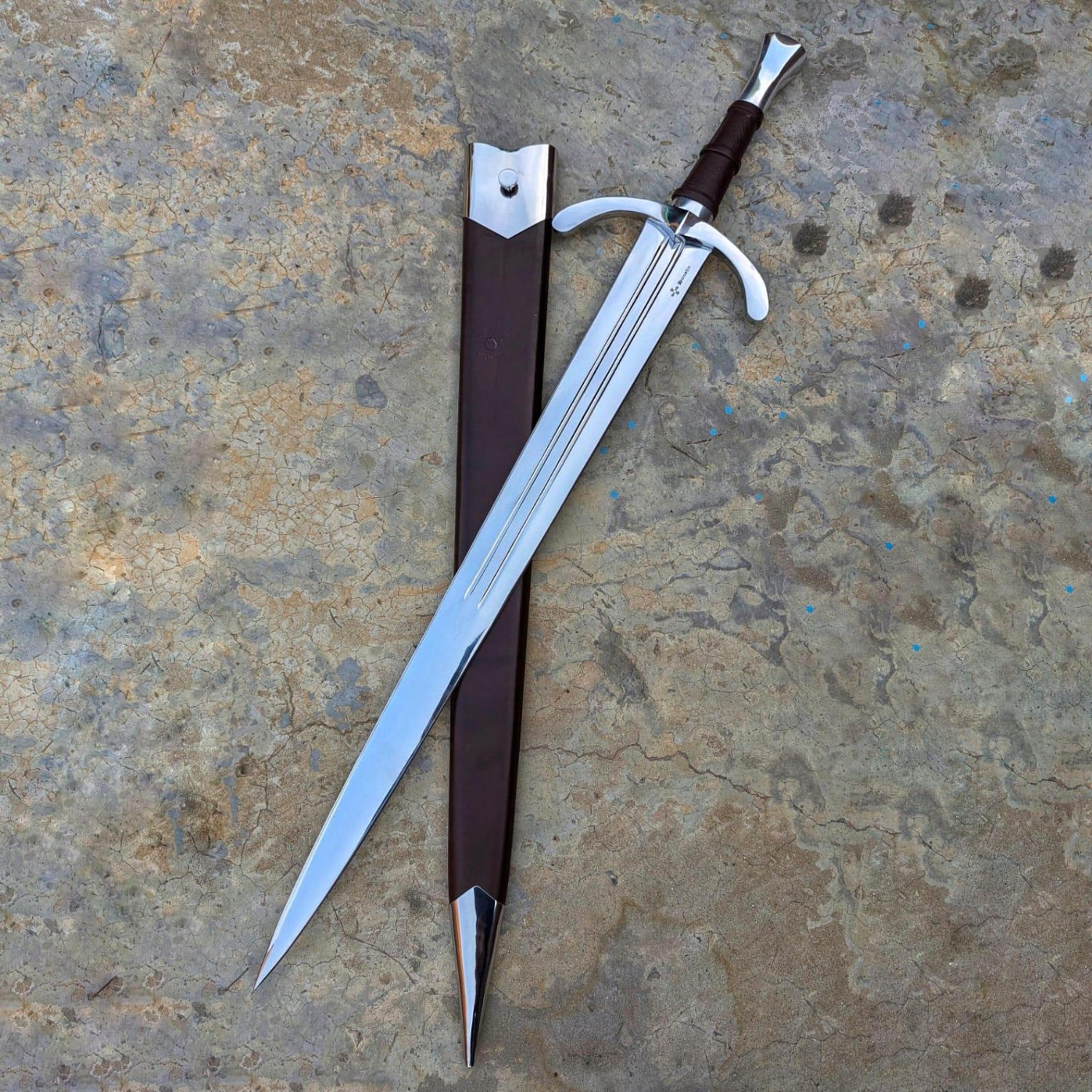 handmade honshu inspired medieval sword – polished steel fantasy collectible with leather scabbard