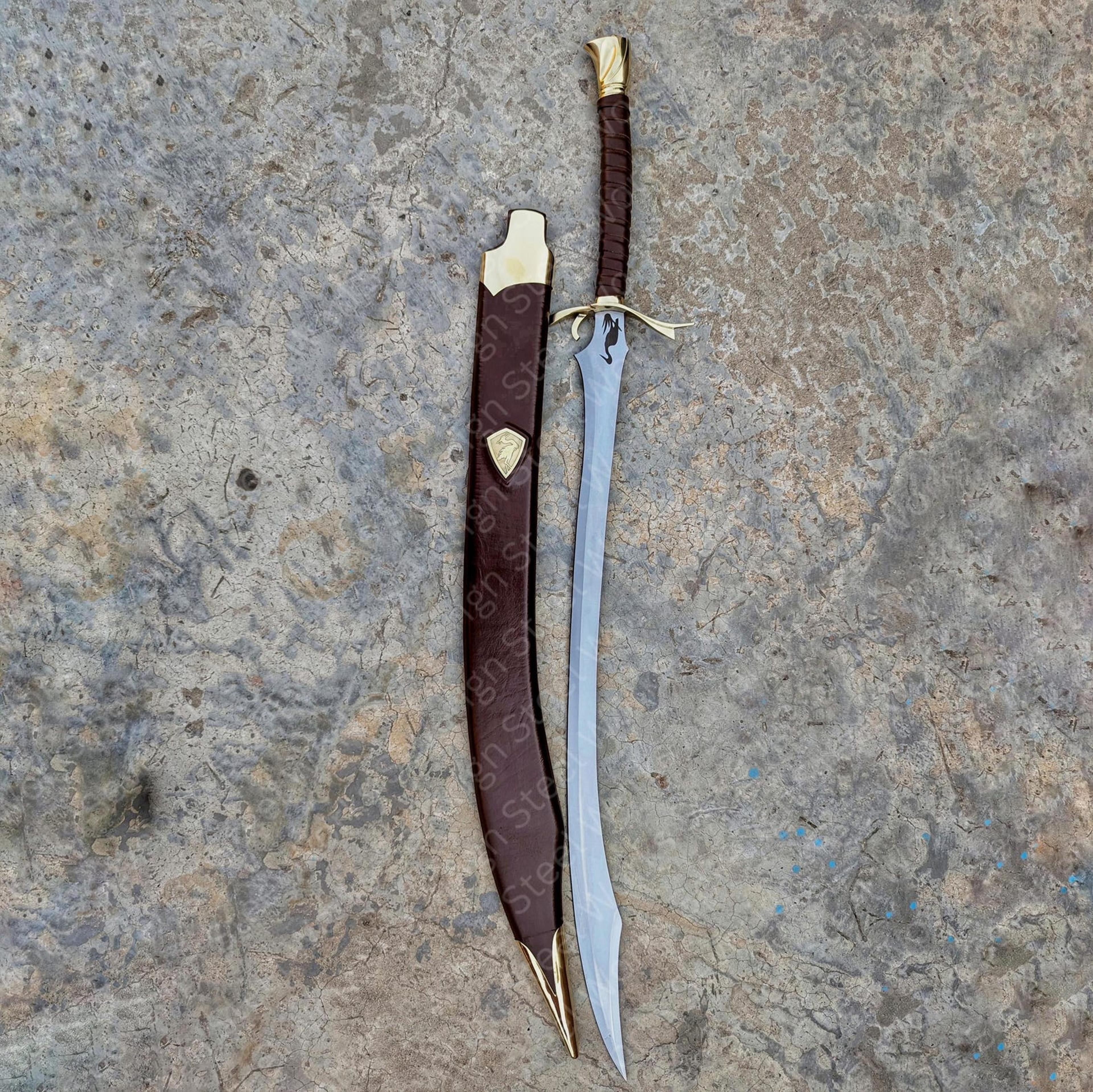 handmade heron mark steel sword – medieval fantasy collectible with brown scabbard & gold fittings