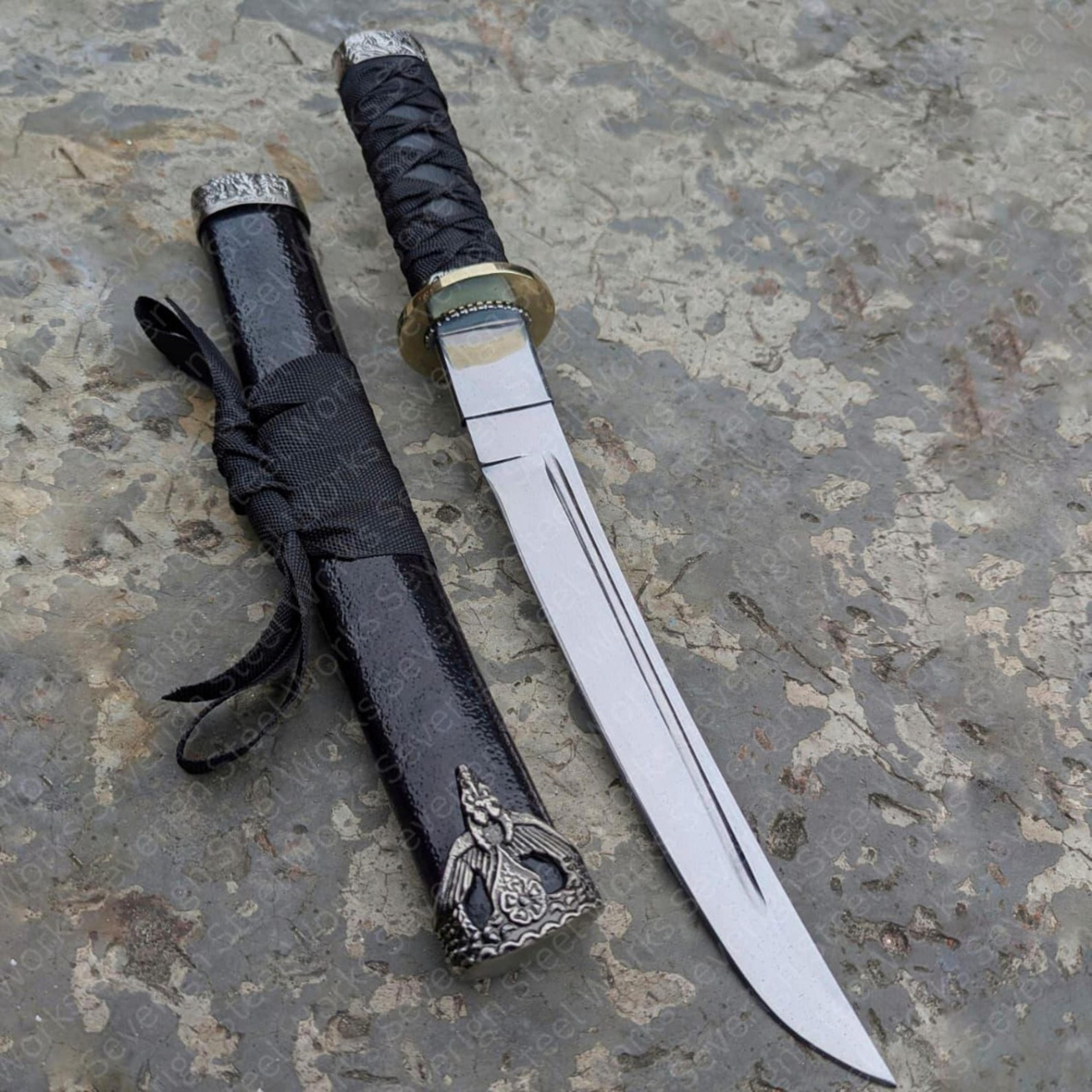 handmade samurai tanto sword, japanese inspired short blade, black scabbard, historical decor, collector gift for him