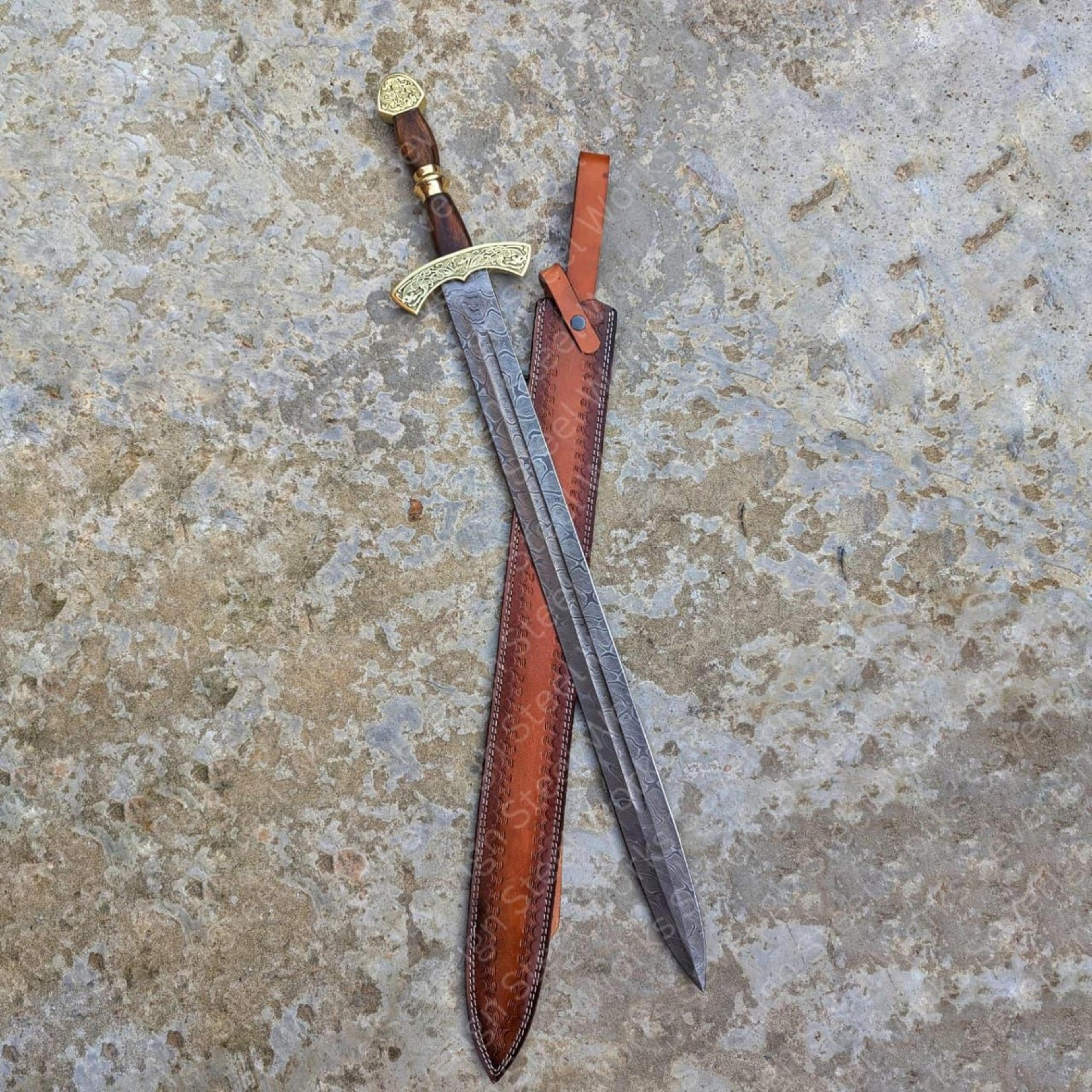damascus medieval viking sword, norse warrior replica with leather sheath, history decor gift for collector